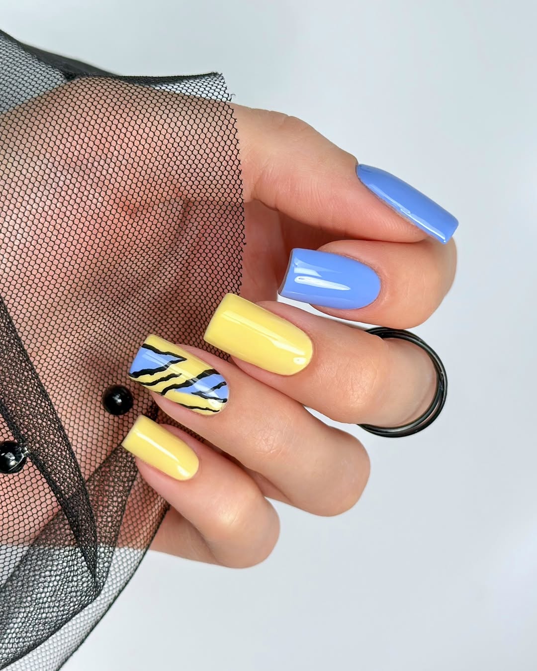 Chic Bright Blue Yellow Matte Abstract Nails