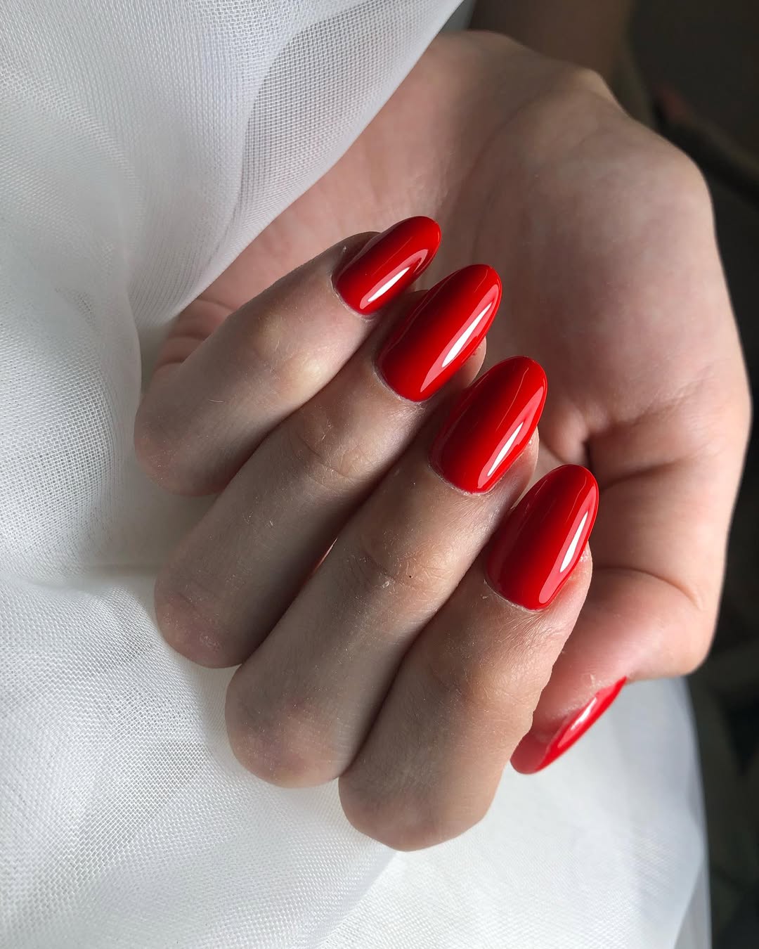 Classic Cherry Red Glossy Oval Nails