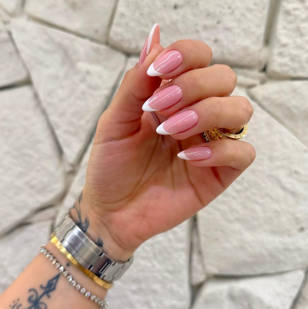 Classic Milky Pink Almond French Tips