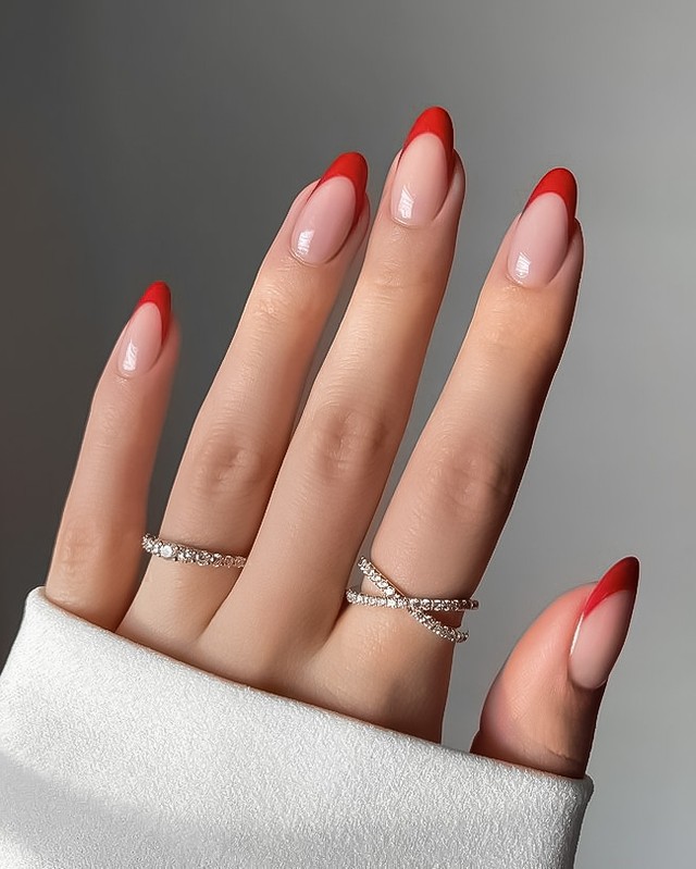 Classic Red French Tip Long Almond Nails