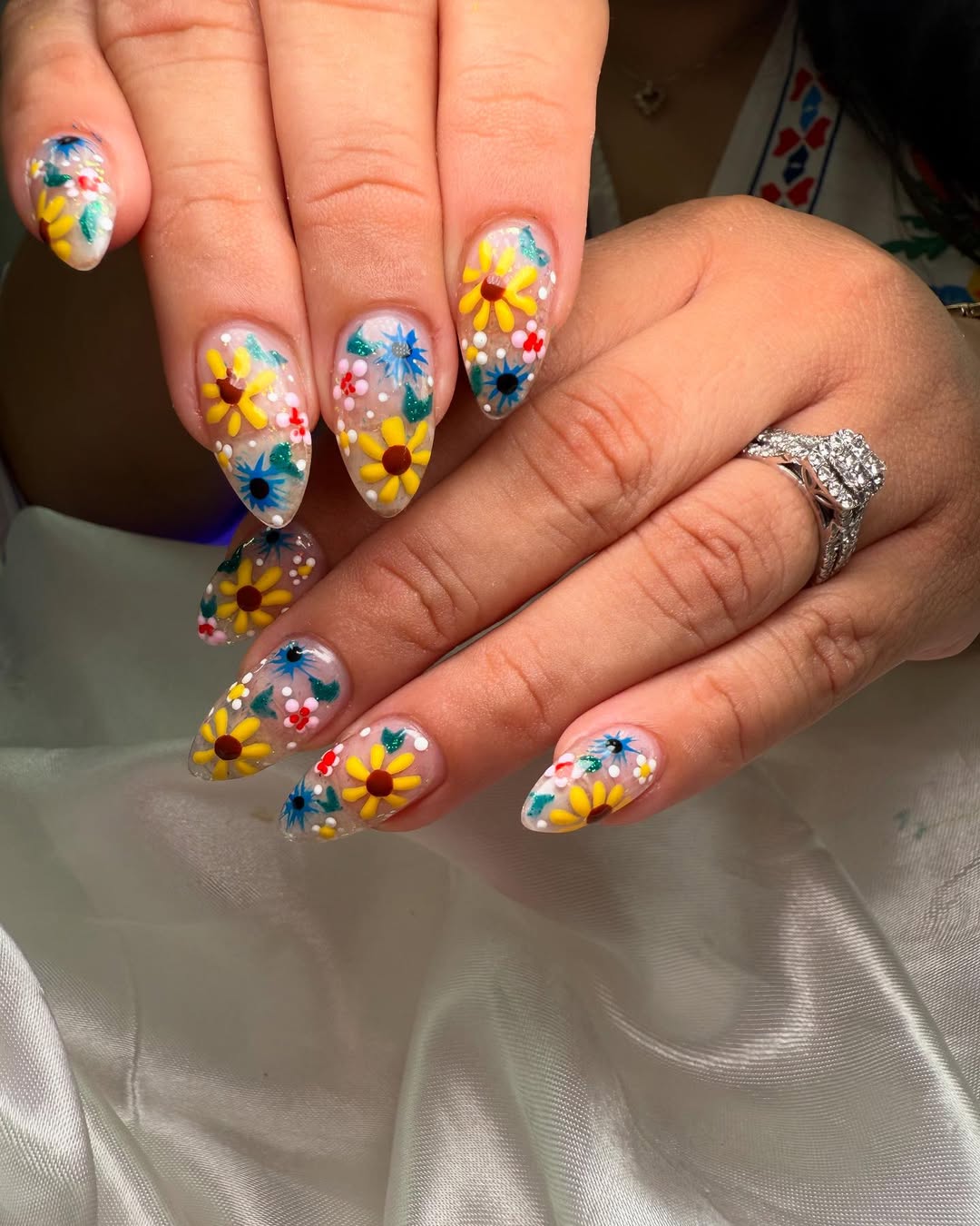 Clear Base Floral Hand-Painted Almond Nails with Polka Dots