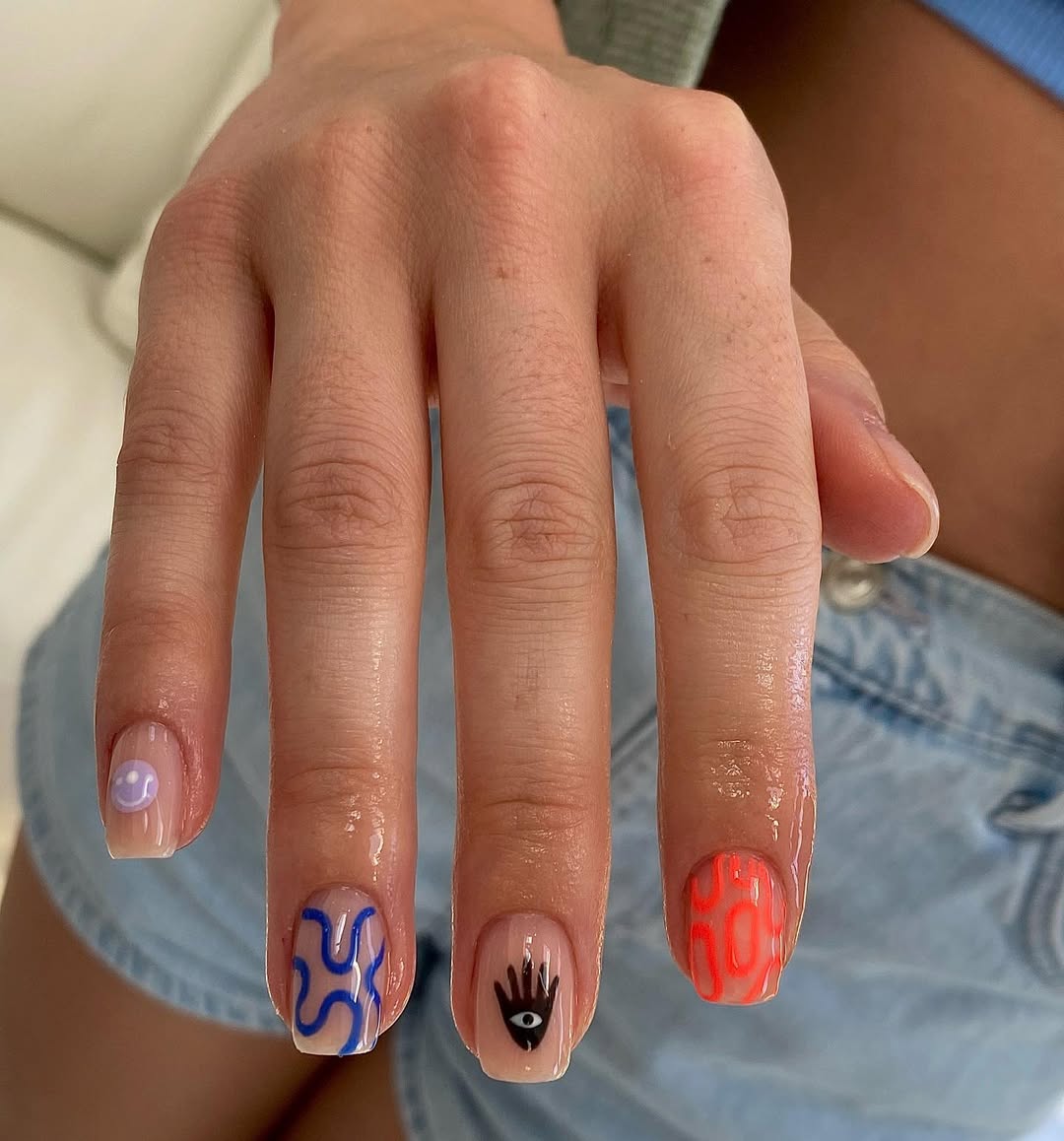 Clear Base Funky Abstract Gel Nail Art