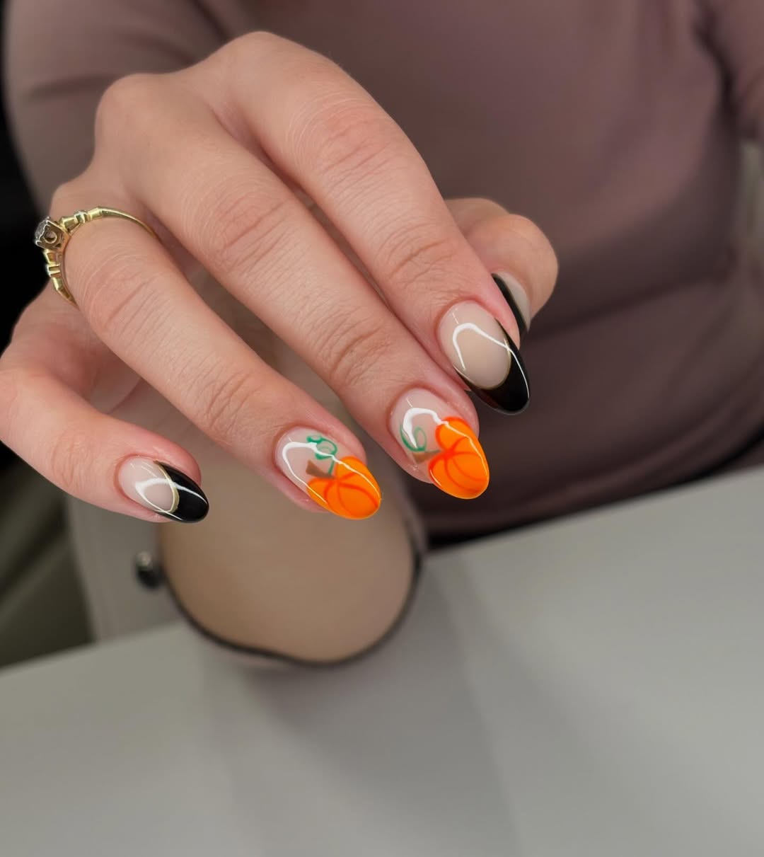 Clear Base Pumpkin Decal French Tip Almond Nails