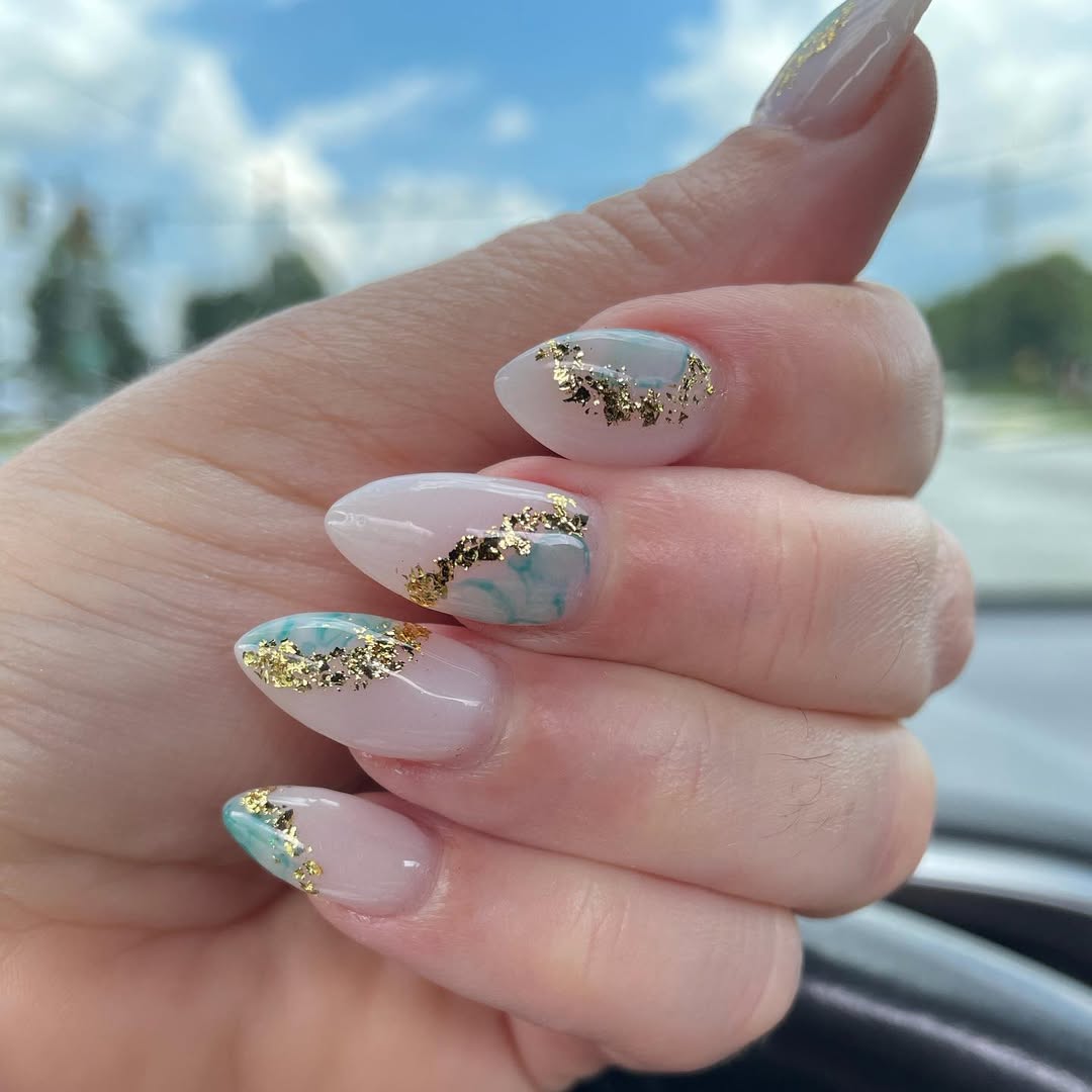 Clear Nude Teal Marble Gold Flakes Almond Nails