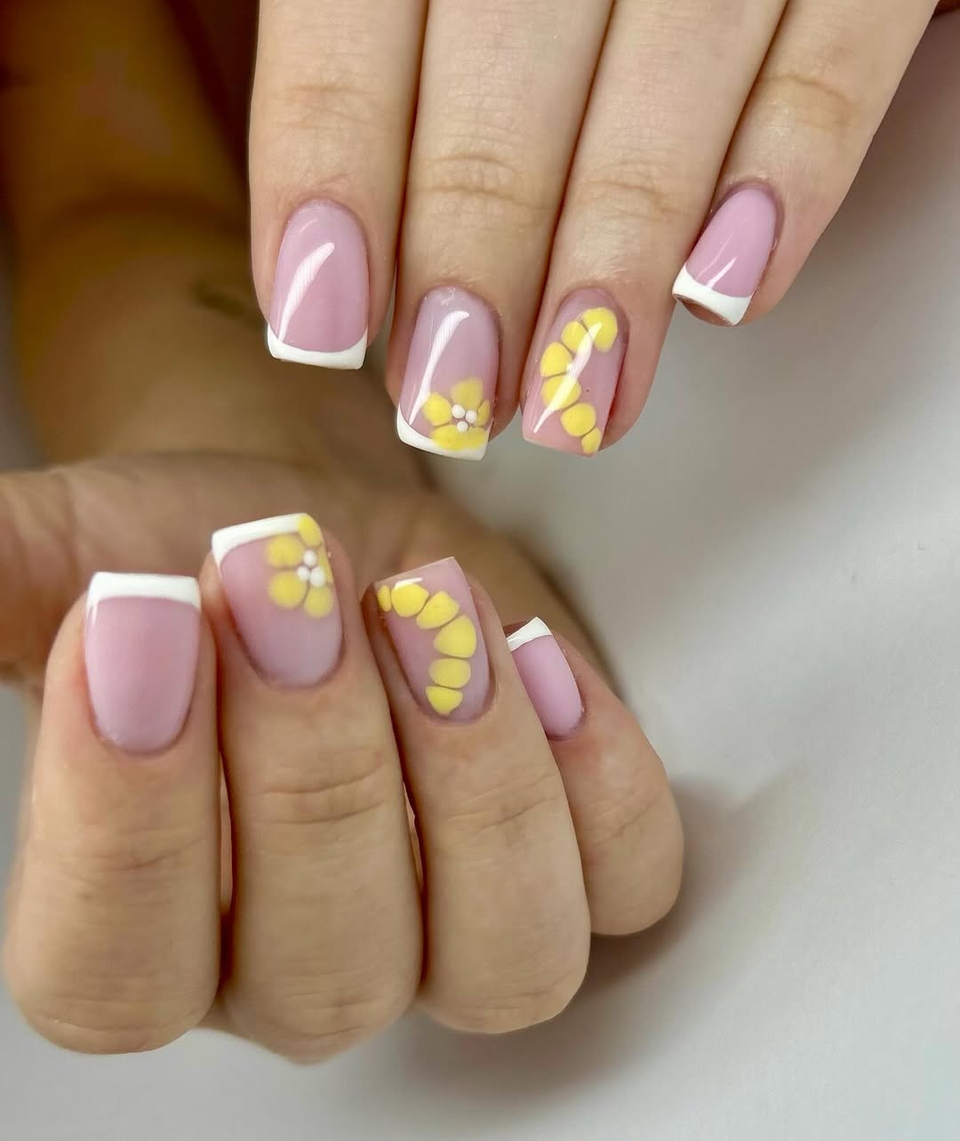 Clear Pink Square Nails With Yellow Floral French Tips