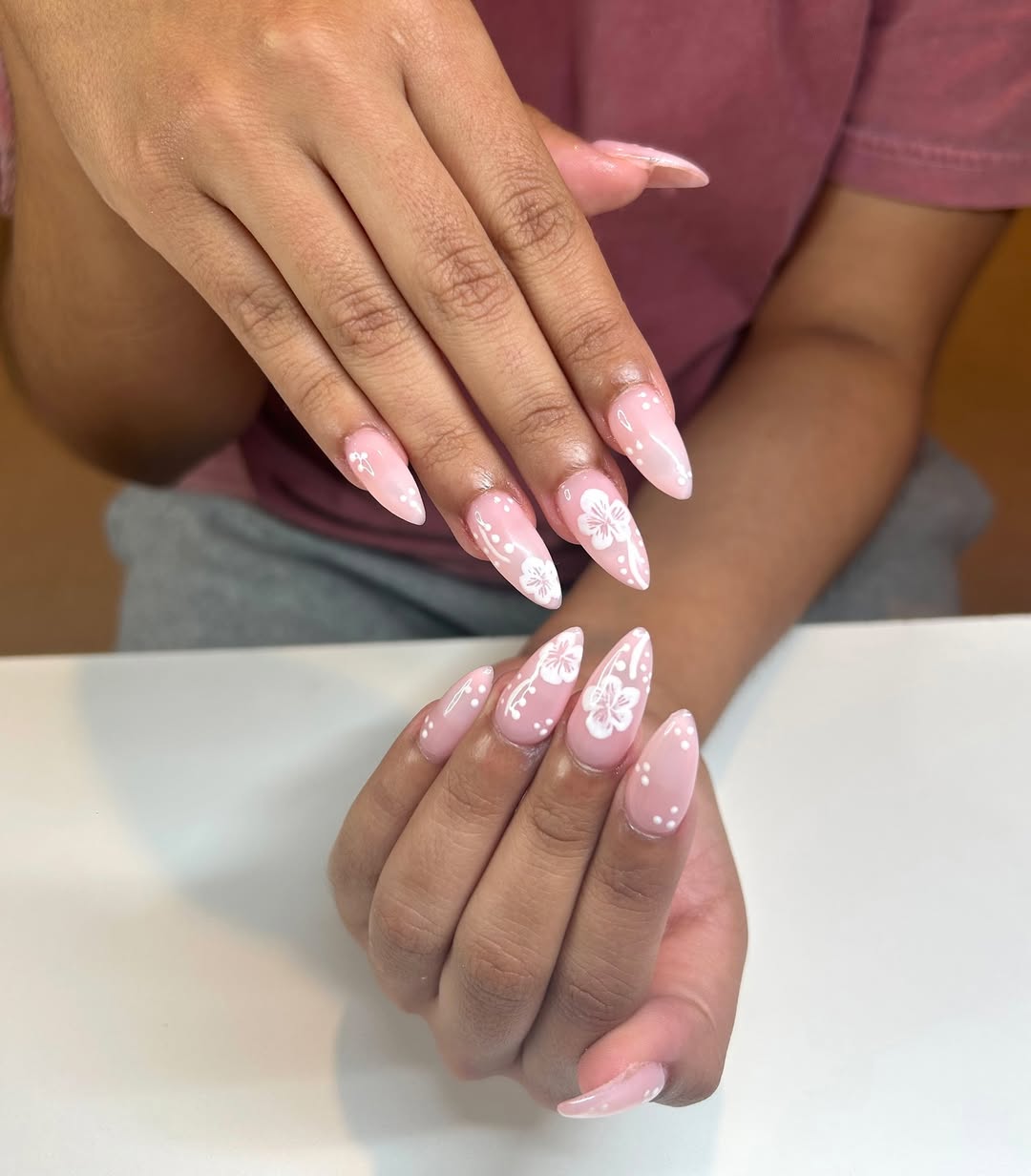 Clear Pink Stiletto White Floral Nail Art