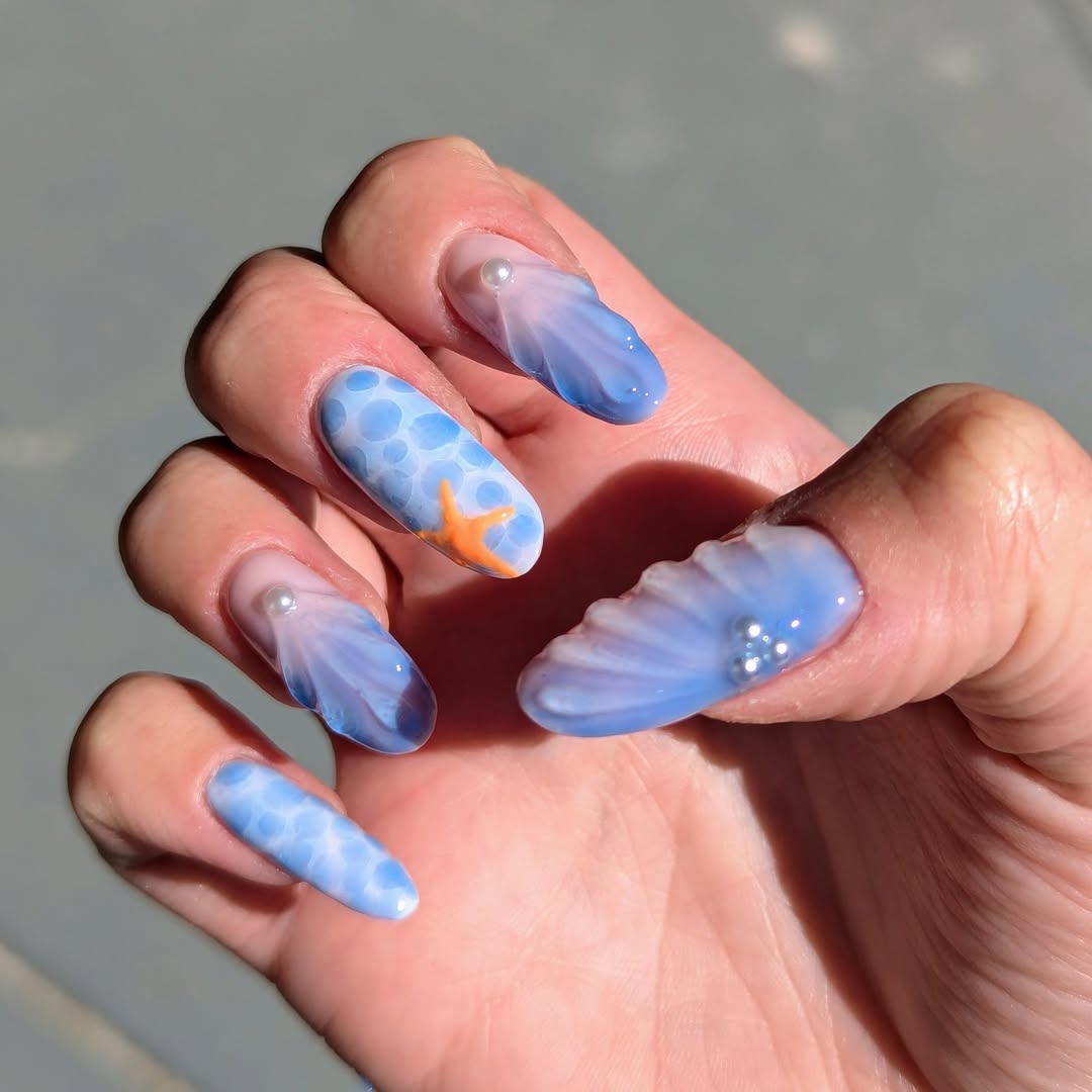 Coastal Blue 3D Bubble Shell and Starfish Nails