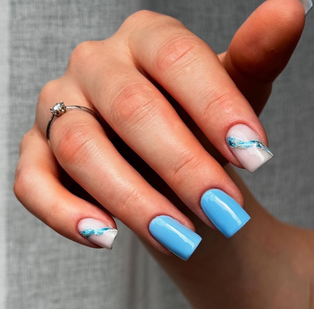 Coastal Blue Wave Accents on Soft Pink Square Nails