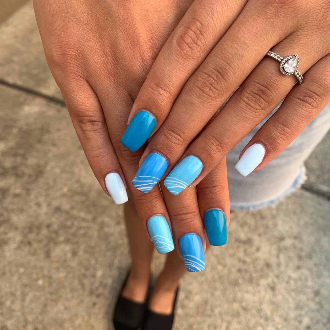 Coastal Blue Wave Ombre Square Glossy Nails