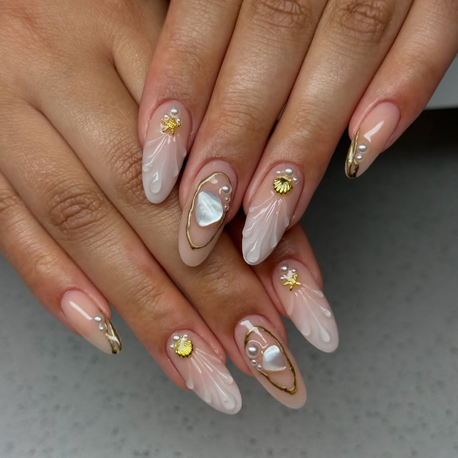 Coastal Coquette Almond Gold Shell Pearl Nails