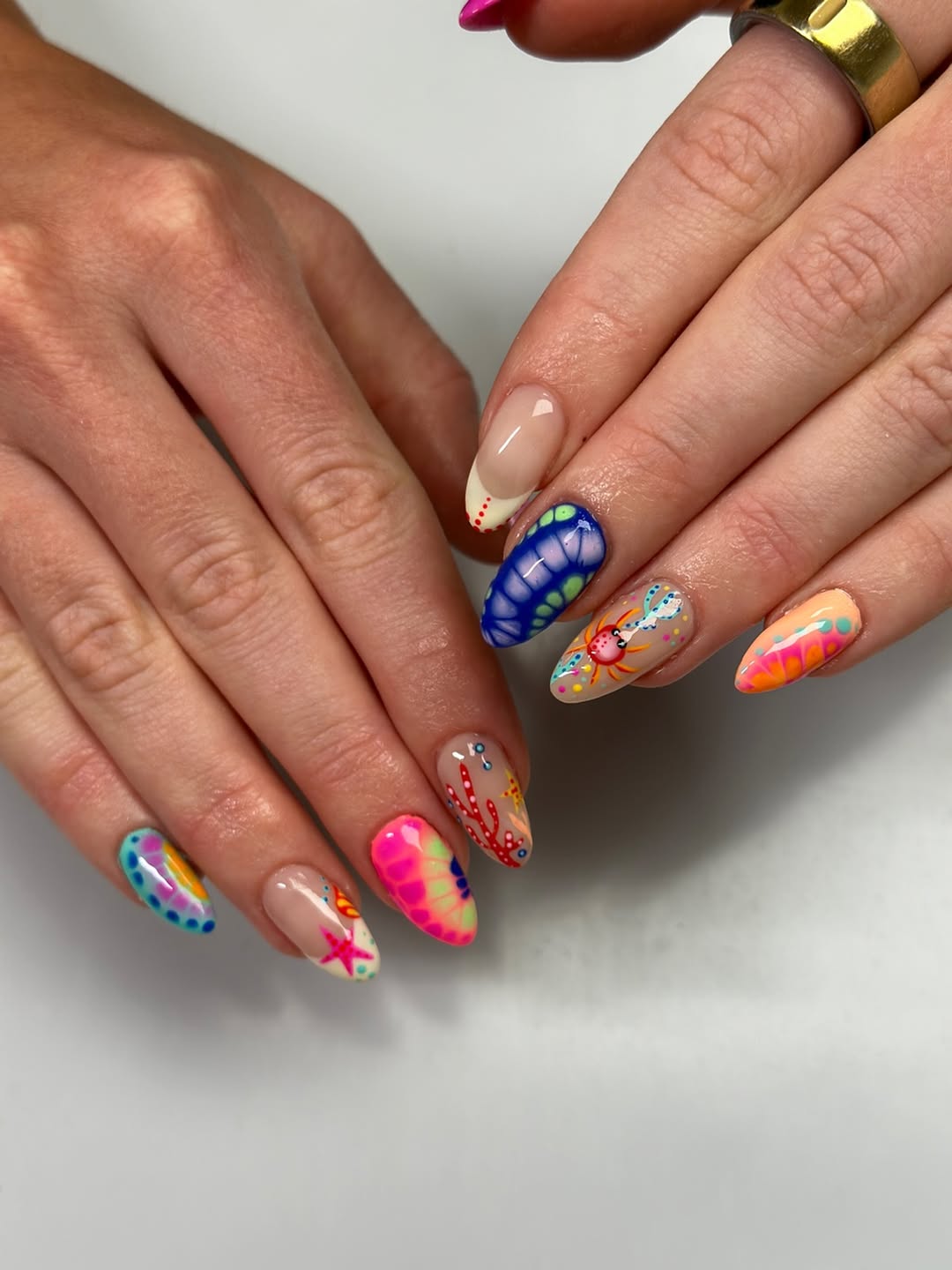 Colorful Ocean Themed Abstract Almond Nails