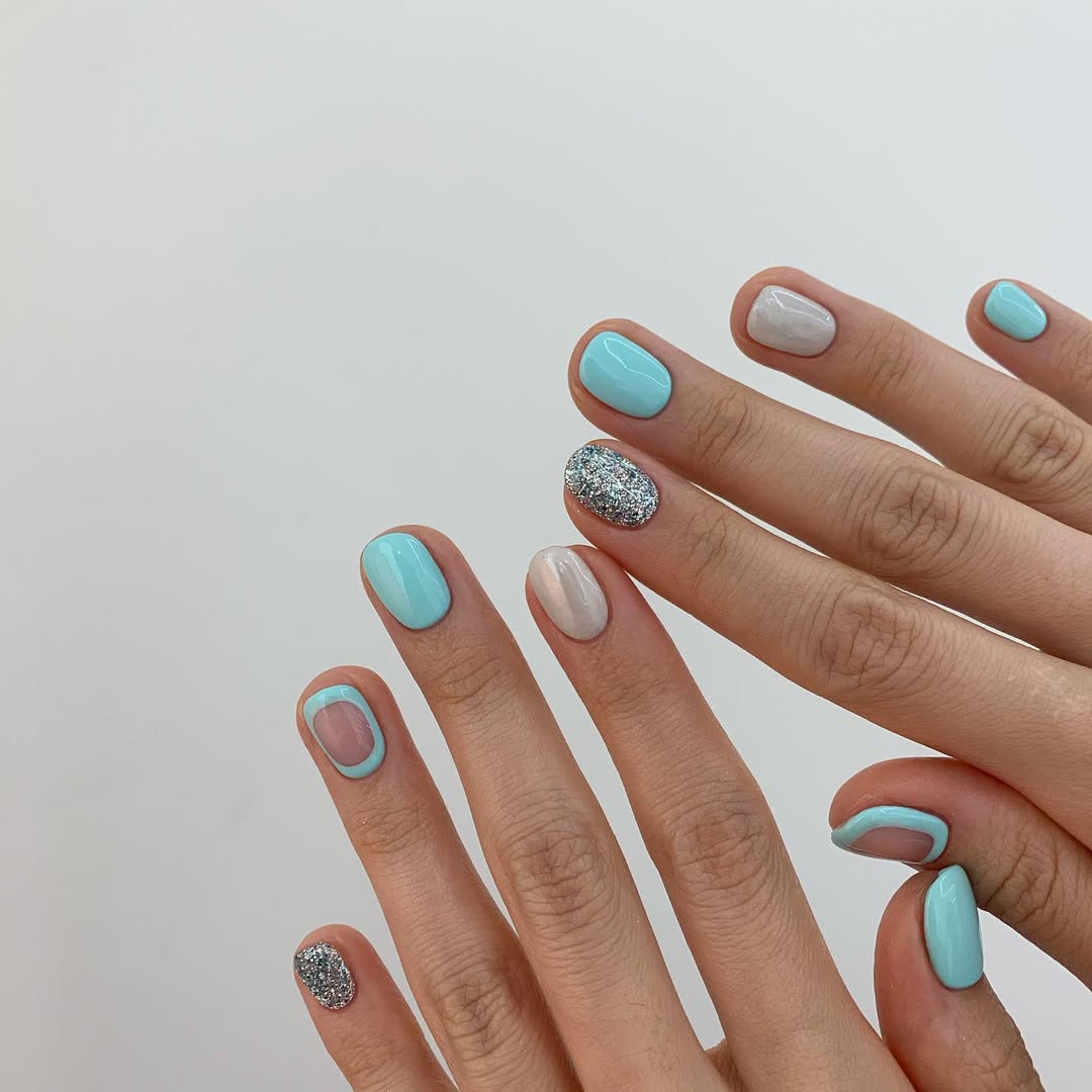 Cool Aqua Blue Silver Glitter Abstract Nails