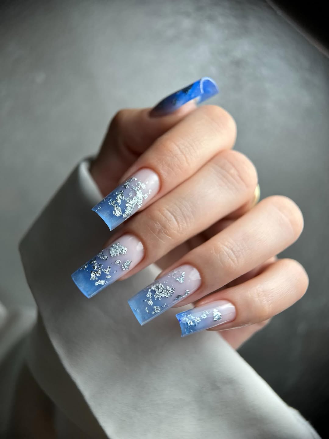 Cool Blue Ombre Silver Foil Long Square Nails