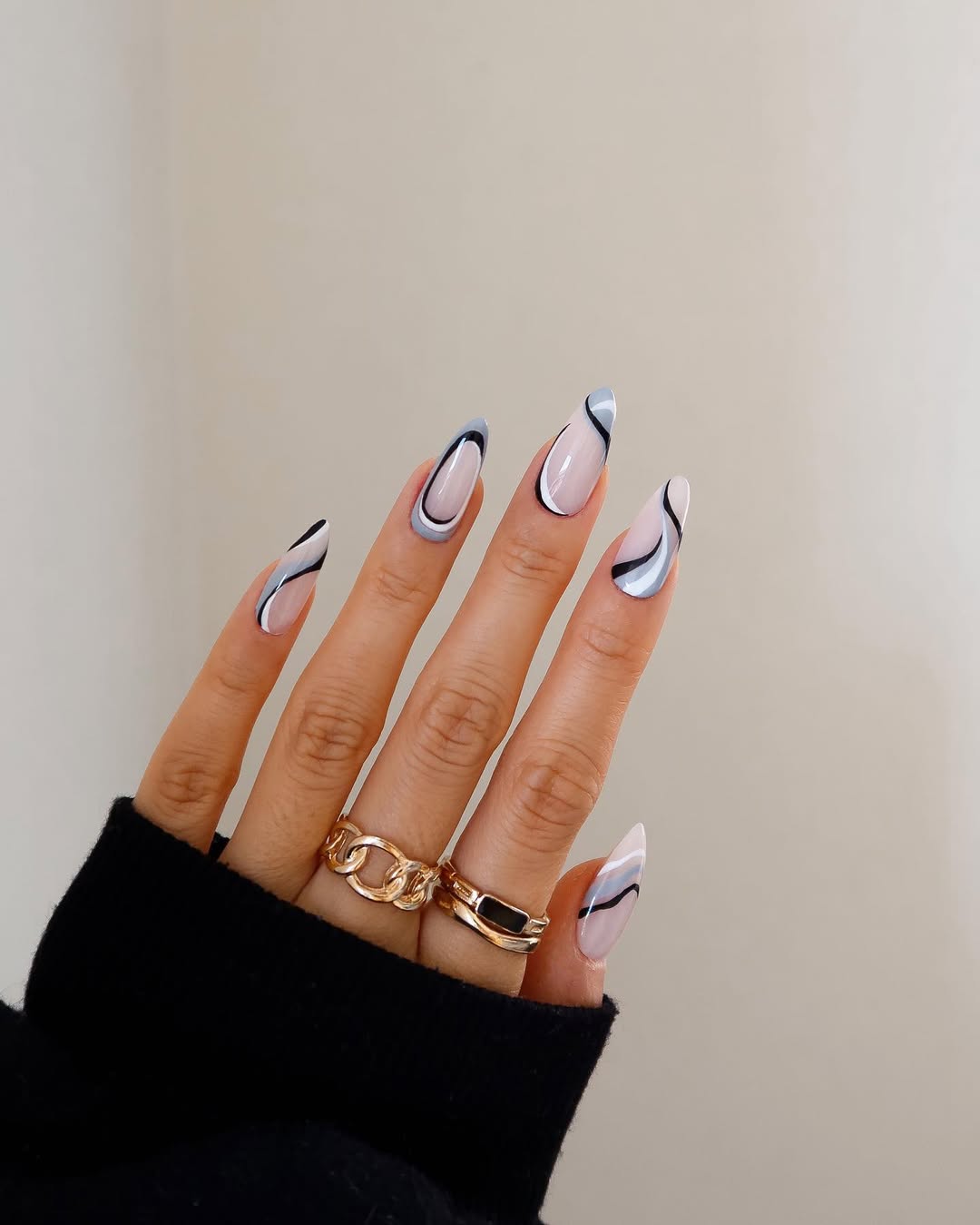 Cool Tone Swirl French Tip Stiletto Nails