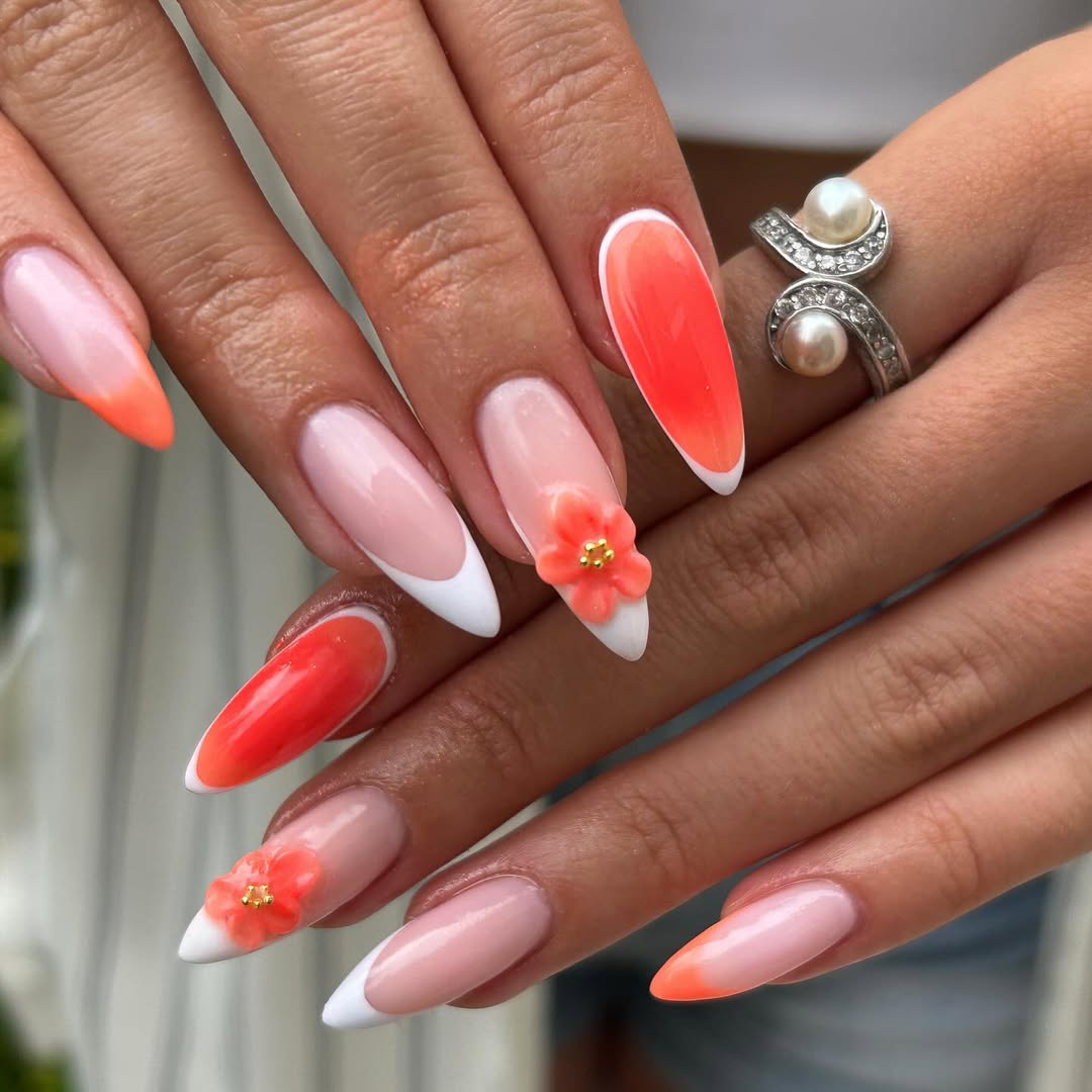 Coral Ombre French Tips With 3D Floral Accents