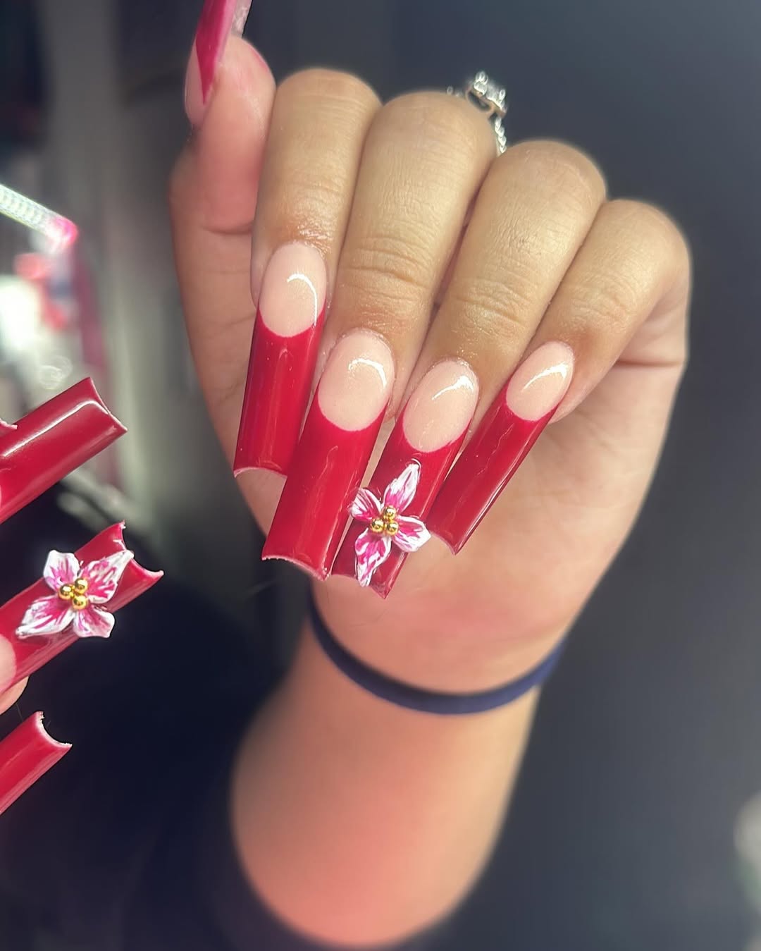 Crimson Red V-French Extra Long Square Nails with 3D Flowers