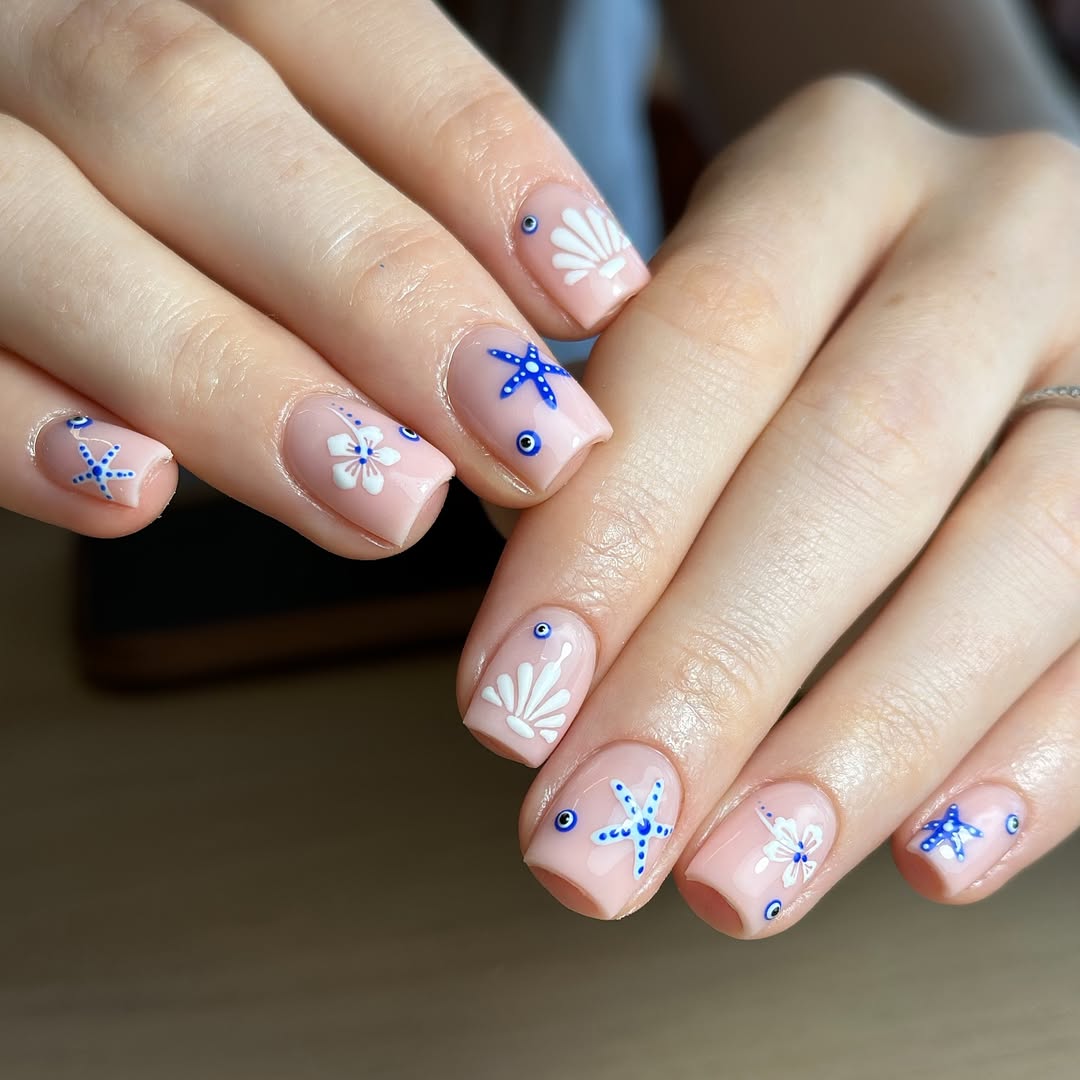 Cute Beachy Nude Nails With Hand-Painted Art