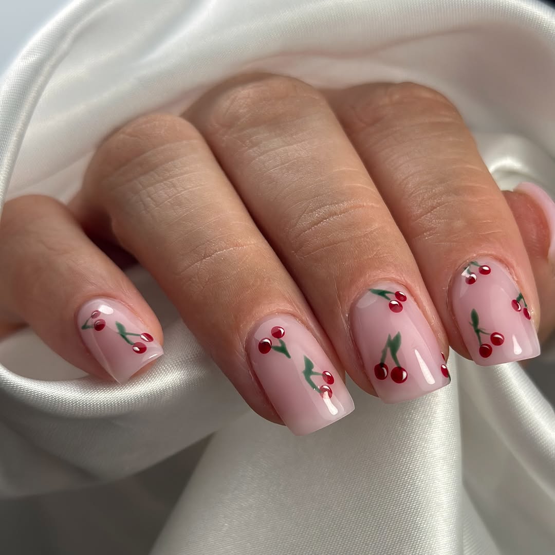 Cute Cherry Blossom Pink Square Nails