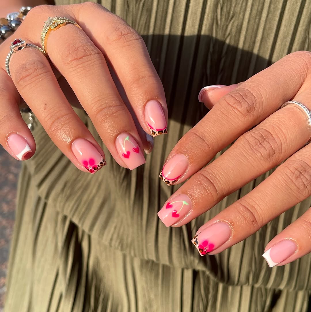 Cute Cherry Leopard Print French Tip Nails