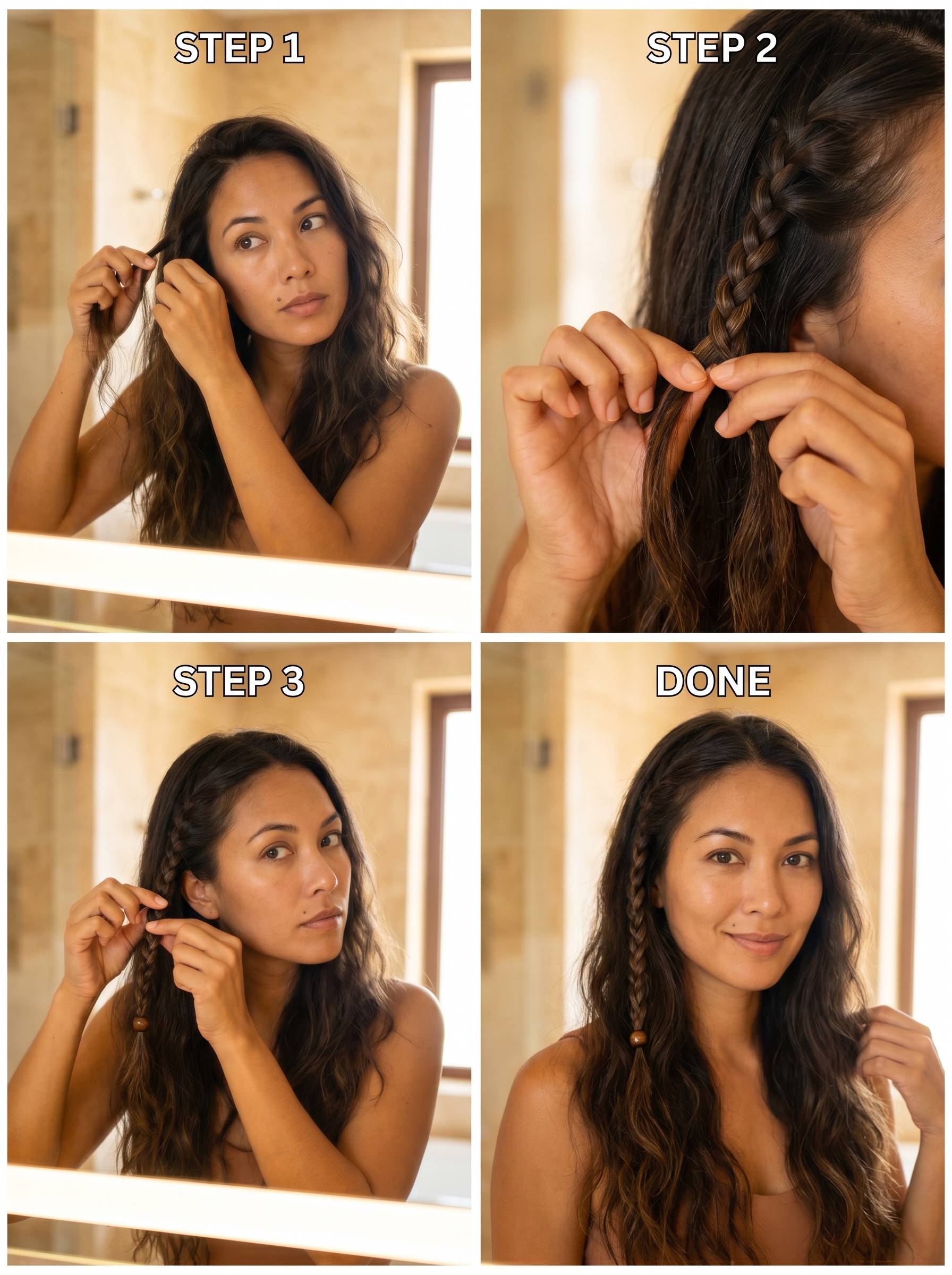 Bohemian Ethereal Earth Tiny Braids with wooden beads, a natural cute summer hair idea 2026 for beach or festival, featuring matte texture and subtle adornments.