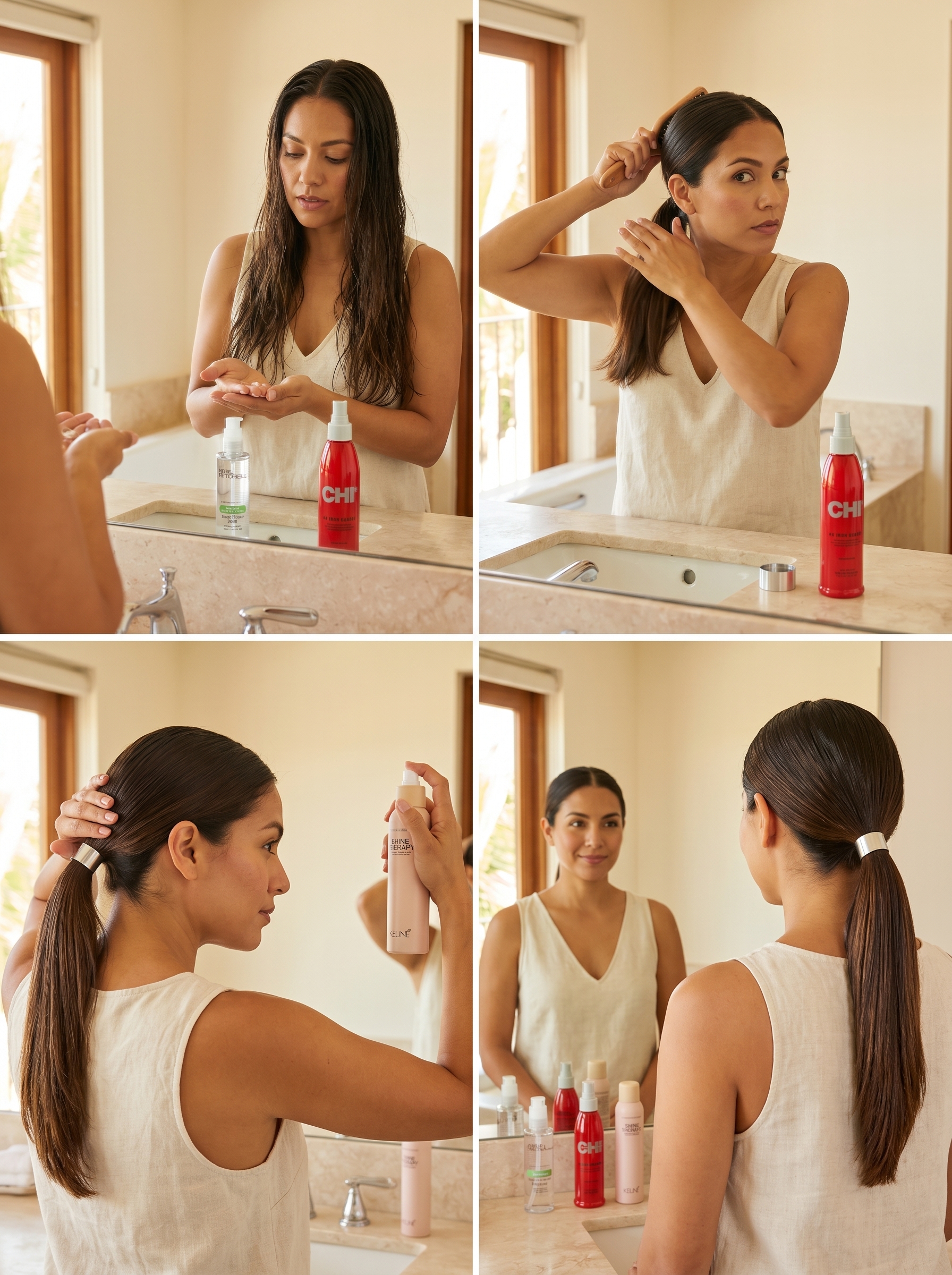 Sleek Futuristic Minimalist Glass-Hair Ponytail, a trendy cute summer hair idea 2026 for date night or resort. Features espresso gloss hair secured with a metallic cuff.