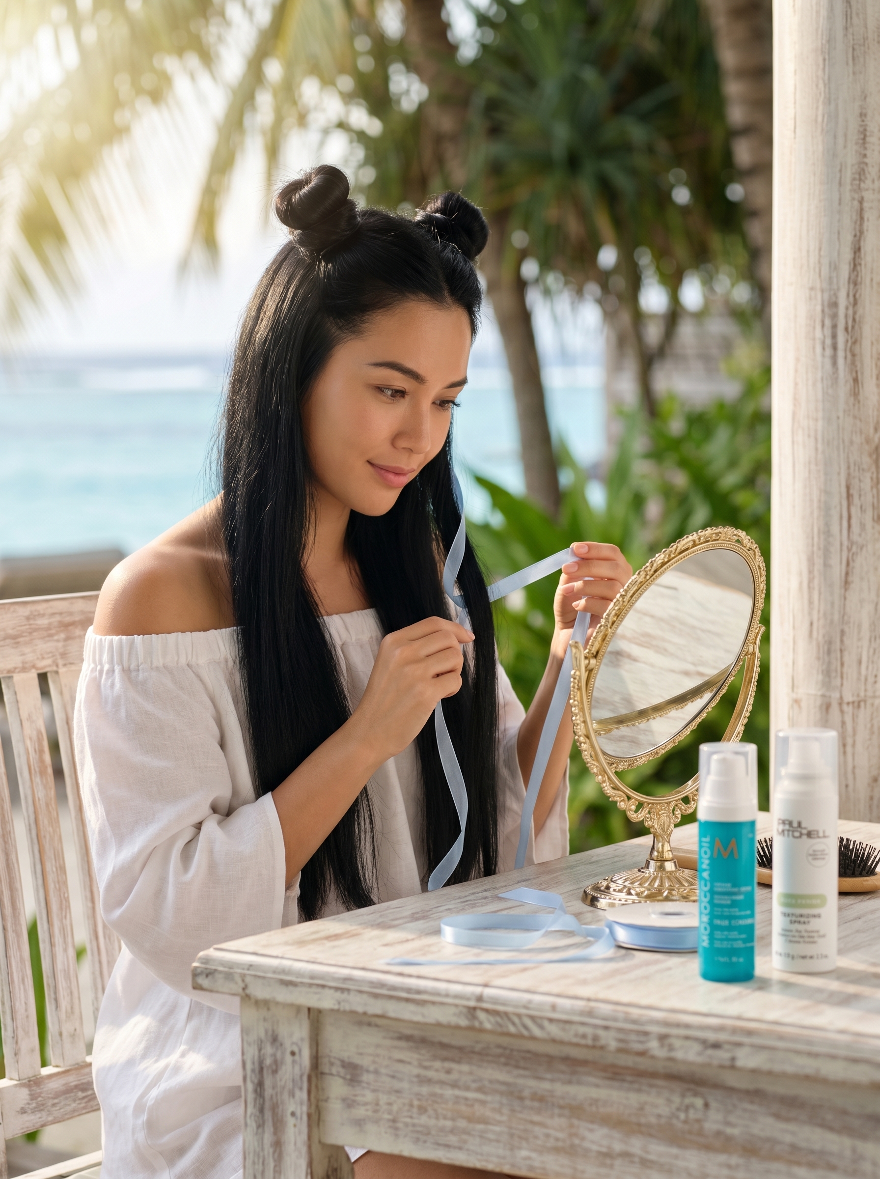 Playful ribbon-laced space buns on long hair, styled for a cute summer hair idea 2026. Perfect for beach or everyday wear with pastel ribbons for a coquette aesthetic.