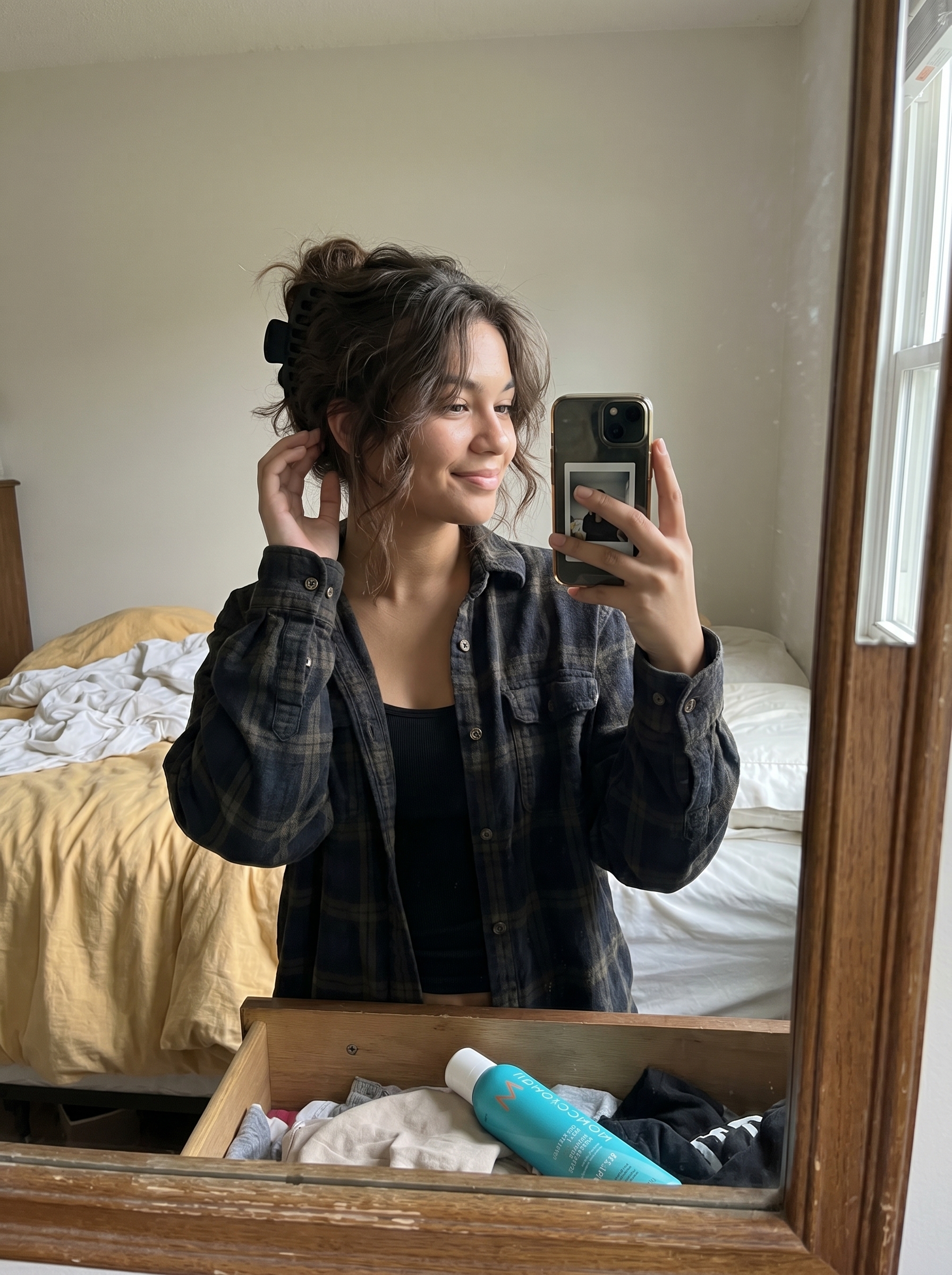 Edgy 'Soft Grunge Claw Clip Updo' for cute summer hairstyles for teens 2026, featuring a matte black claw clip, texture spray for grip, and light hairspray for a soft hold.