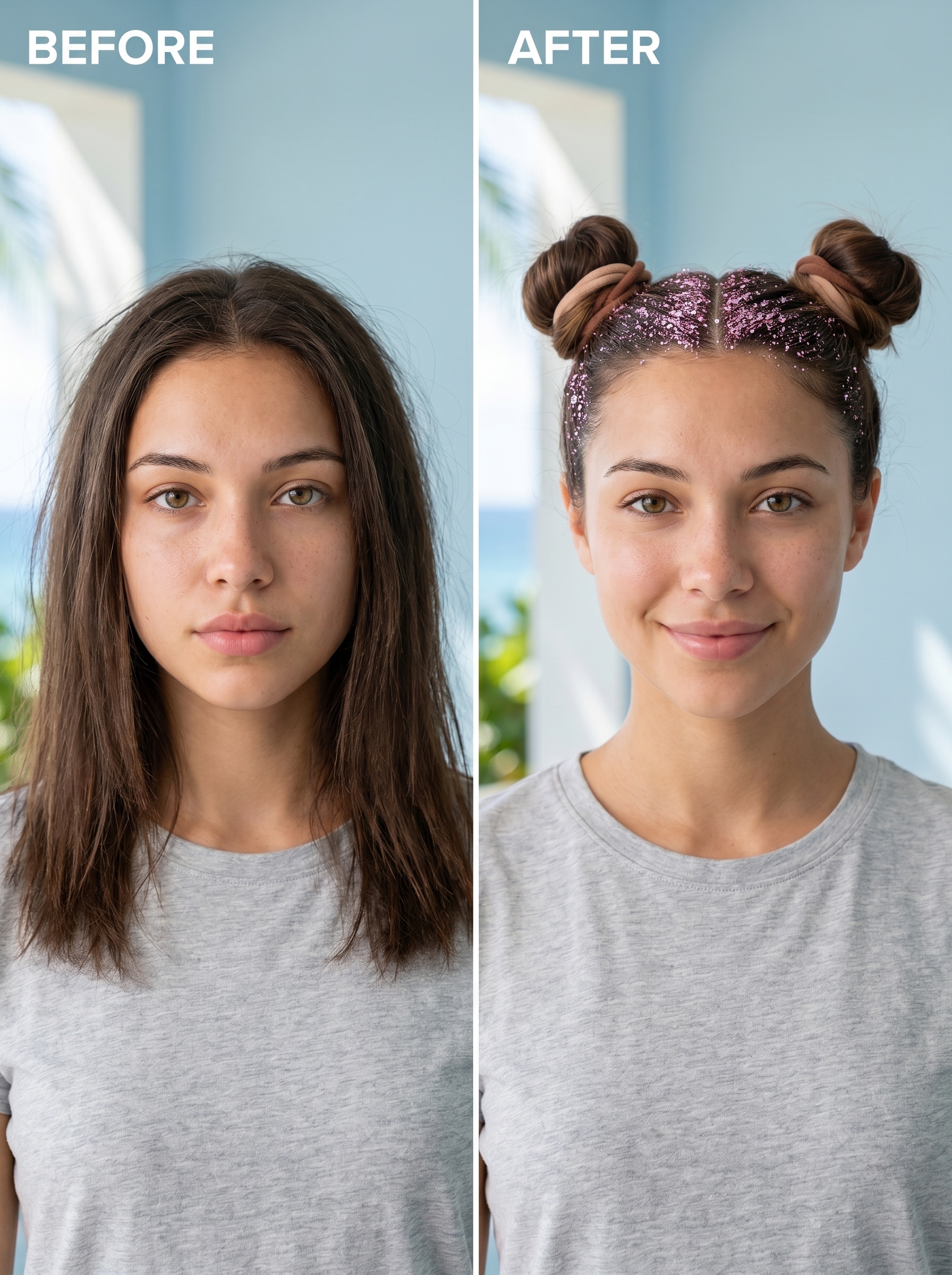 Playful Space Buns with biodegradable iridescent glitter roots, secured with hair gel, elastics, and strong hold hairspray, a perfect cute summer hairstyle for teens 2026.