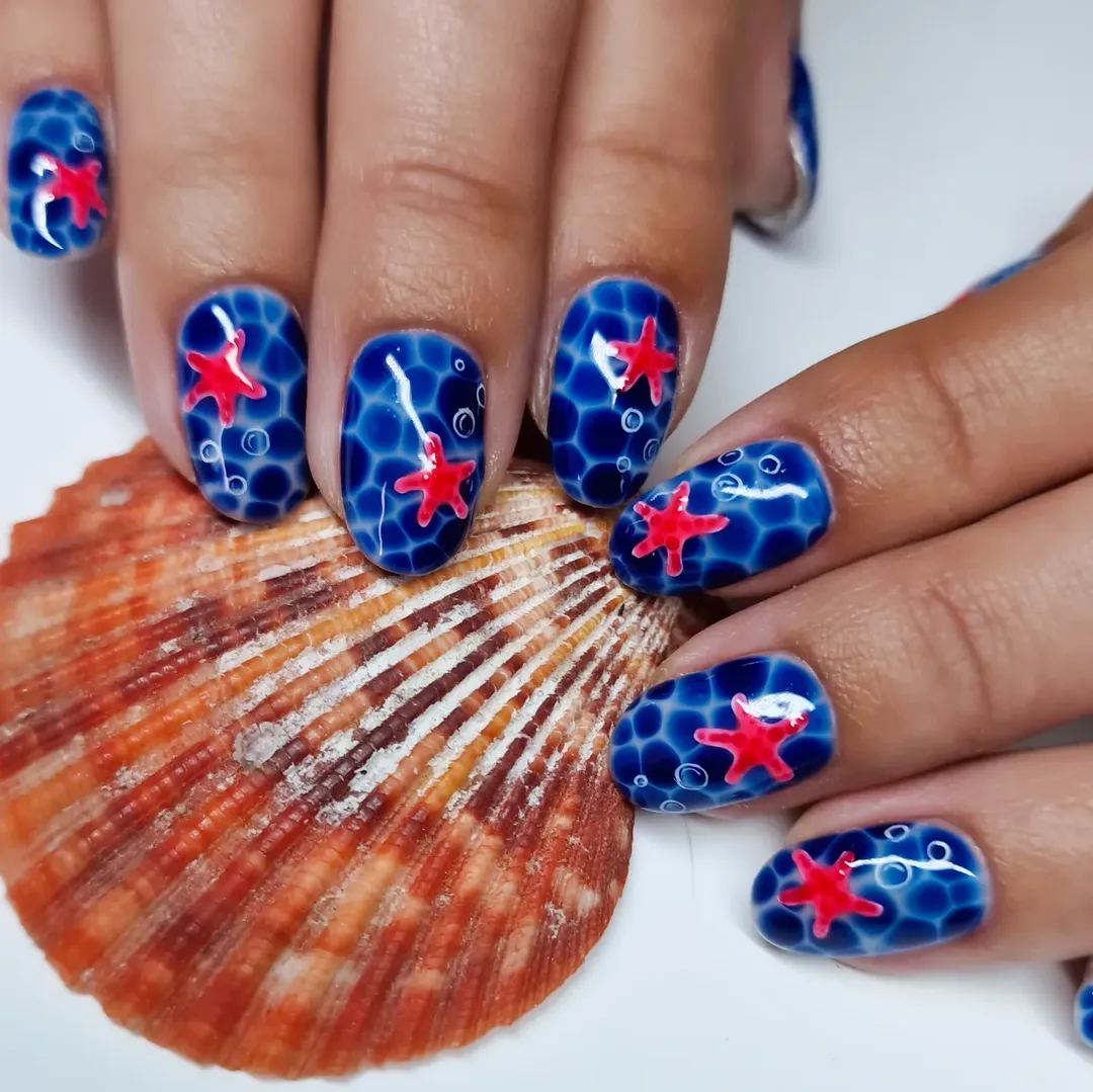 Deep Ocean Blue Starfish Water Bubble Nails