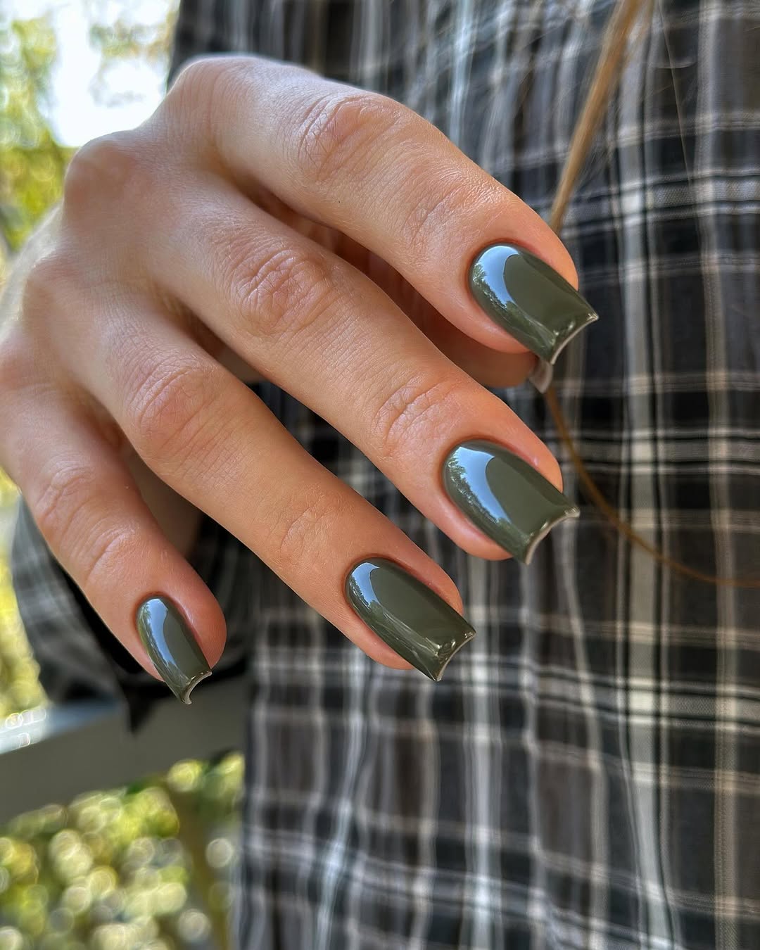 Deep Sage Green Glossy Square Nails