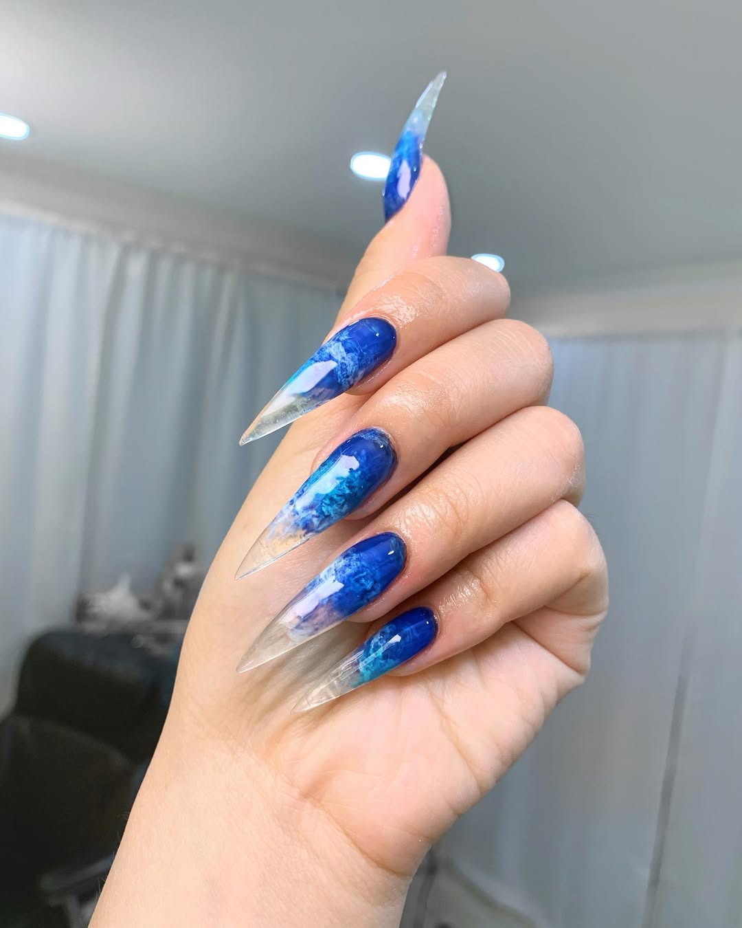 Deep Sea Blue Jelly Stiletto Nails
