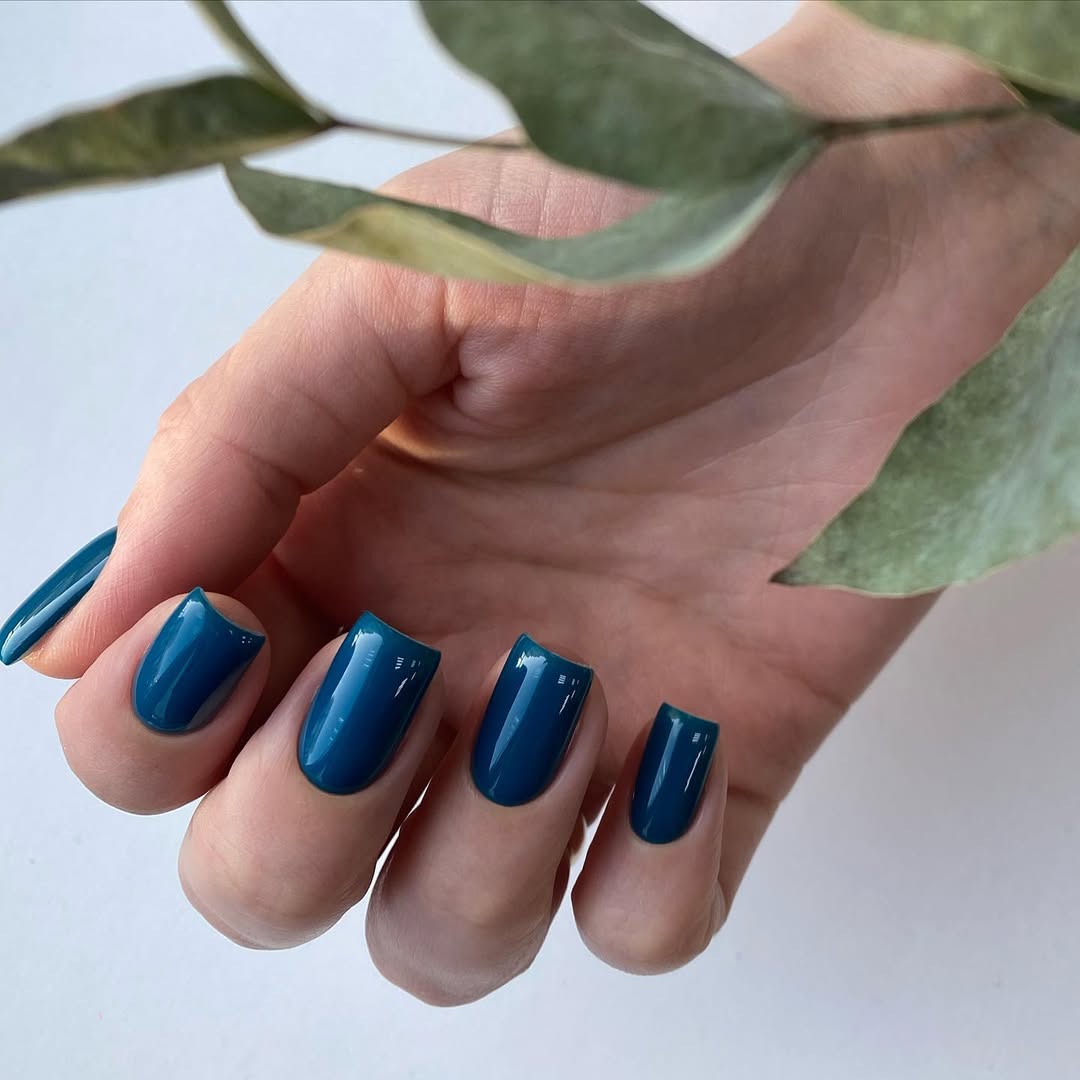 Deep Teal Glossy Short Square Nails