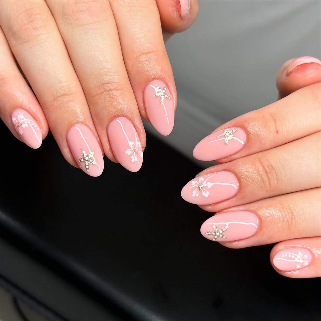 Delicate Pink Almond Nails with Rhinestone Starfish and Flowers