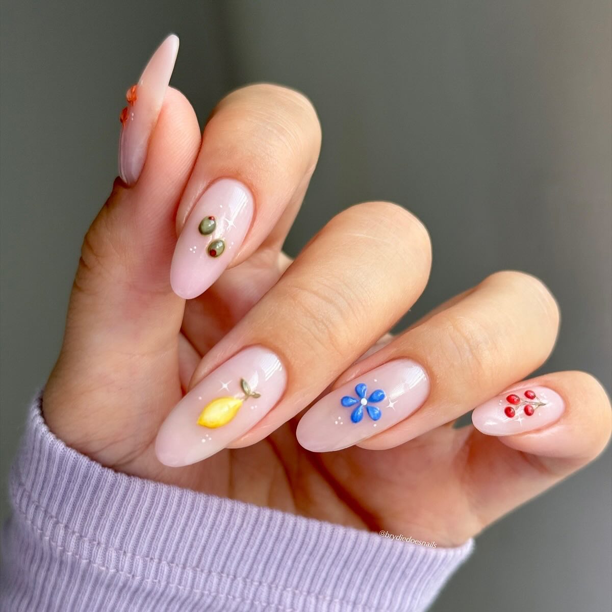 Delicate Summer Fruits Floral Almond Nails
