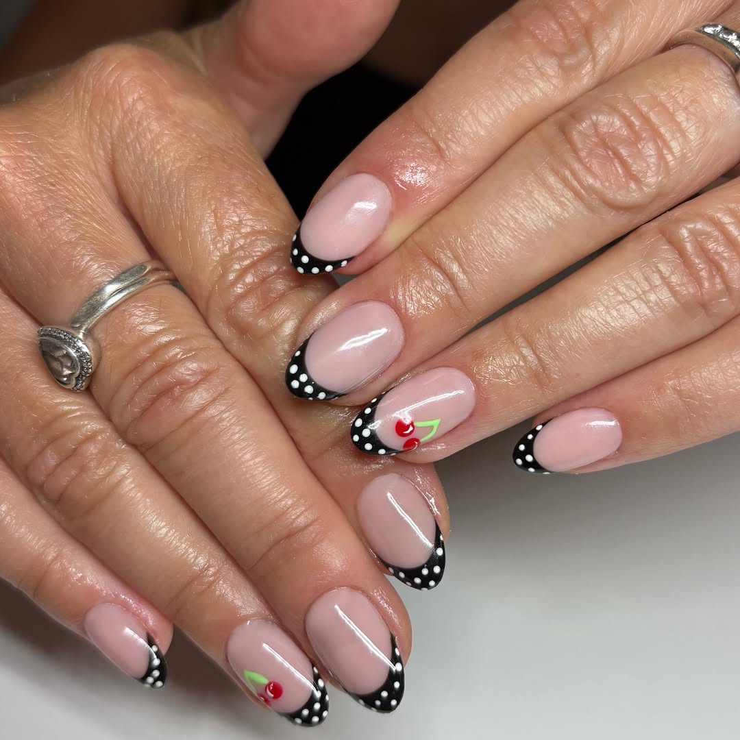 Dotted Polka Dot French Tips With Cherry Accents