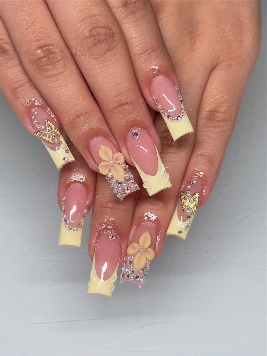 Dreamy Pastel Yellow French Tip Summer Blooms