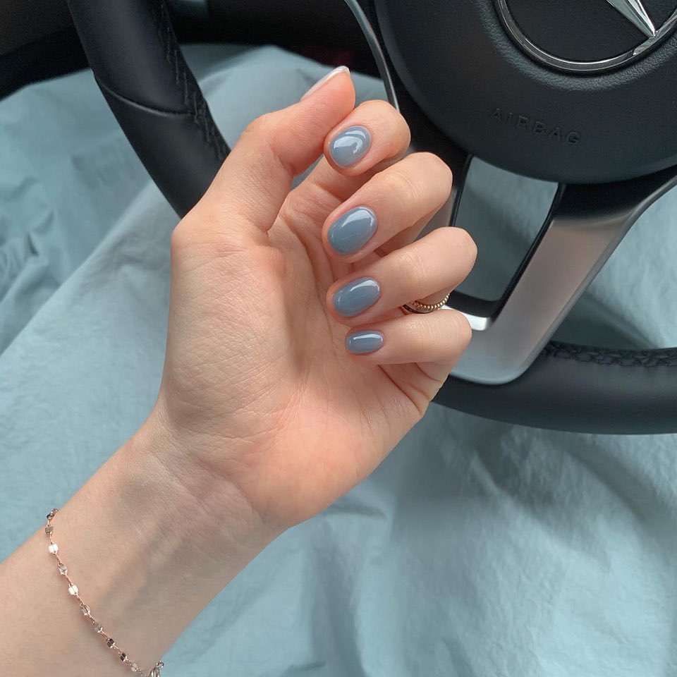 Dusty Blue Glossy Short Oval Nails