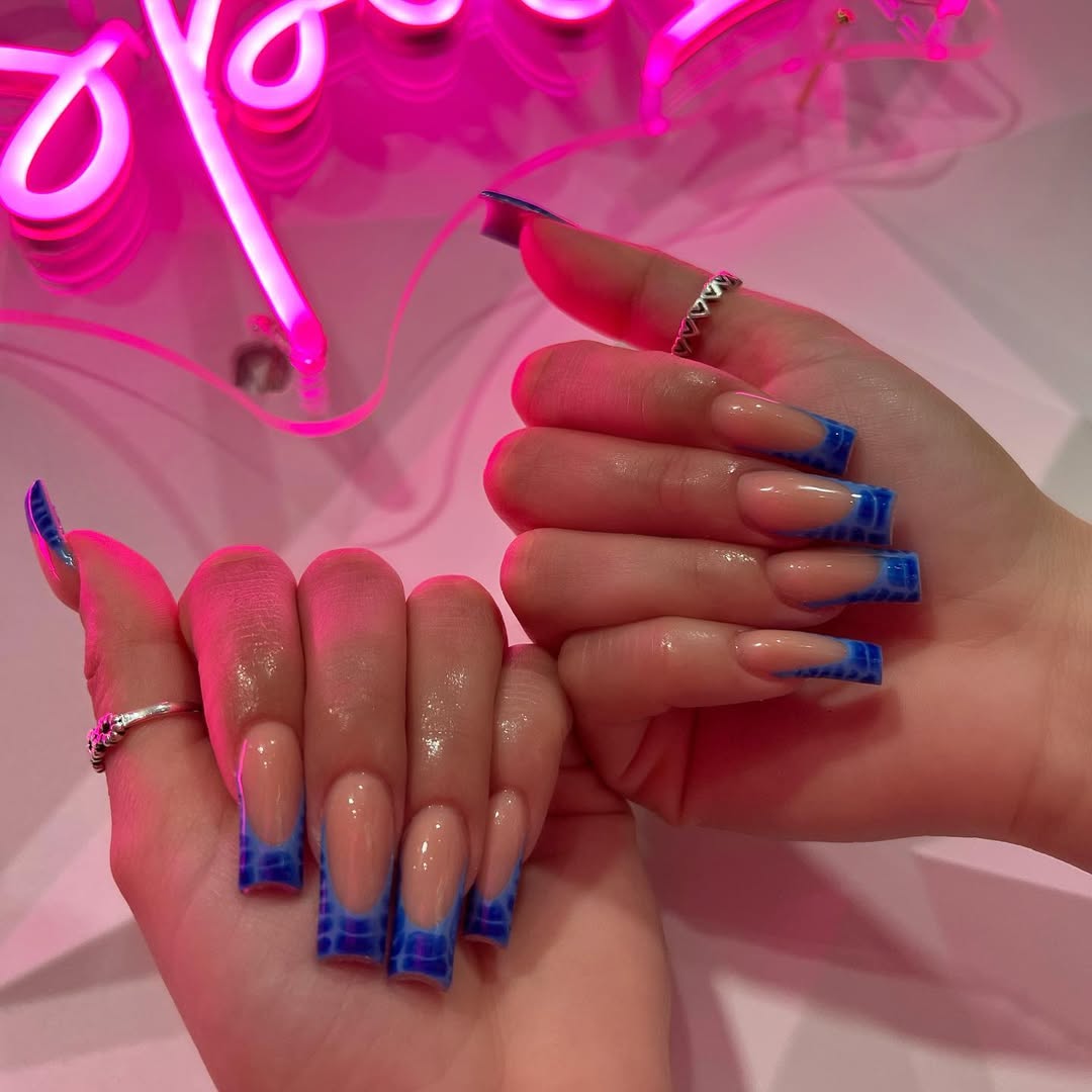 Electric Blue Croc French Tip Coffin Nails