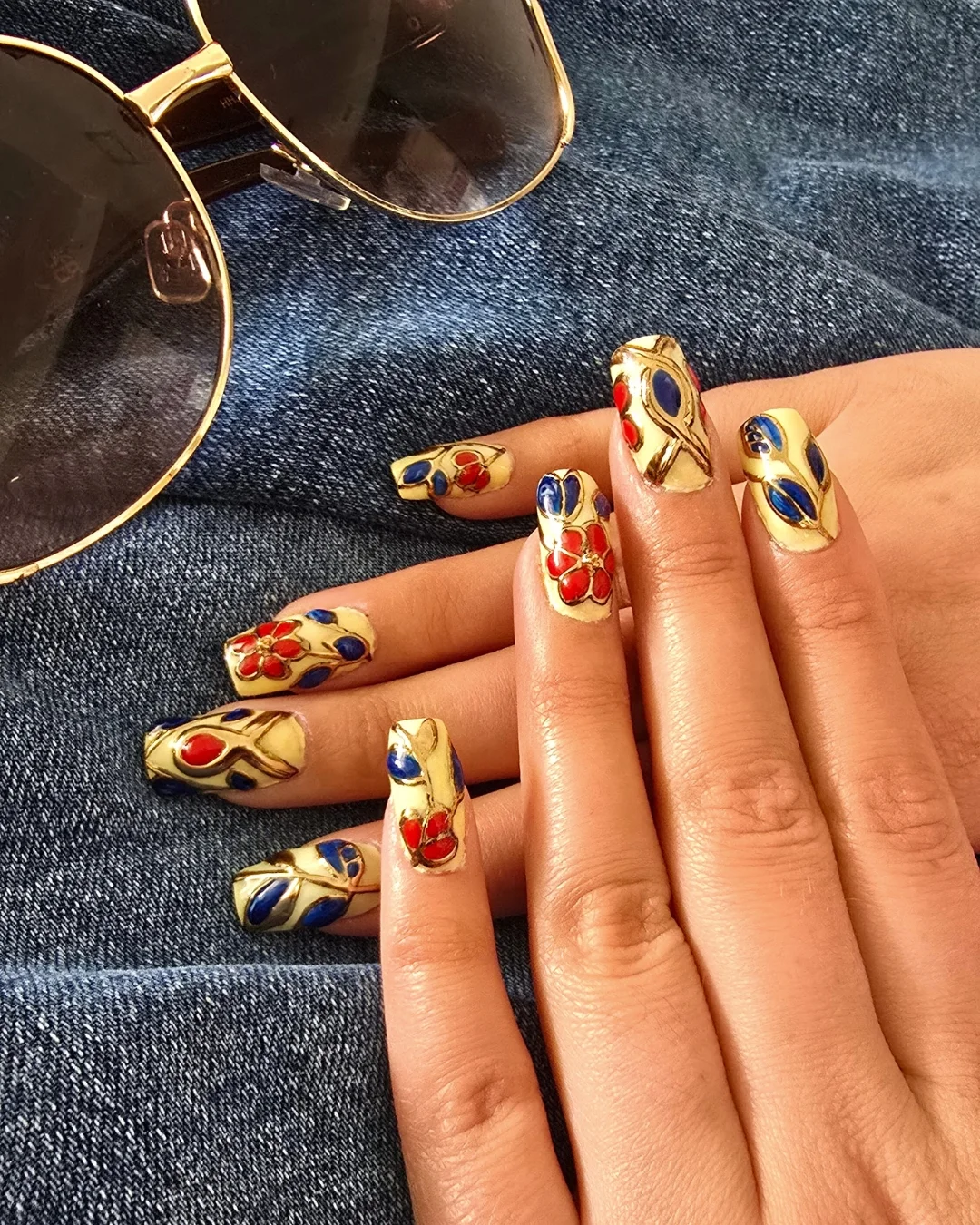 Embossed Primary Color Cottagecore Floral Nails