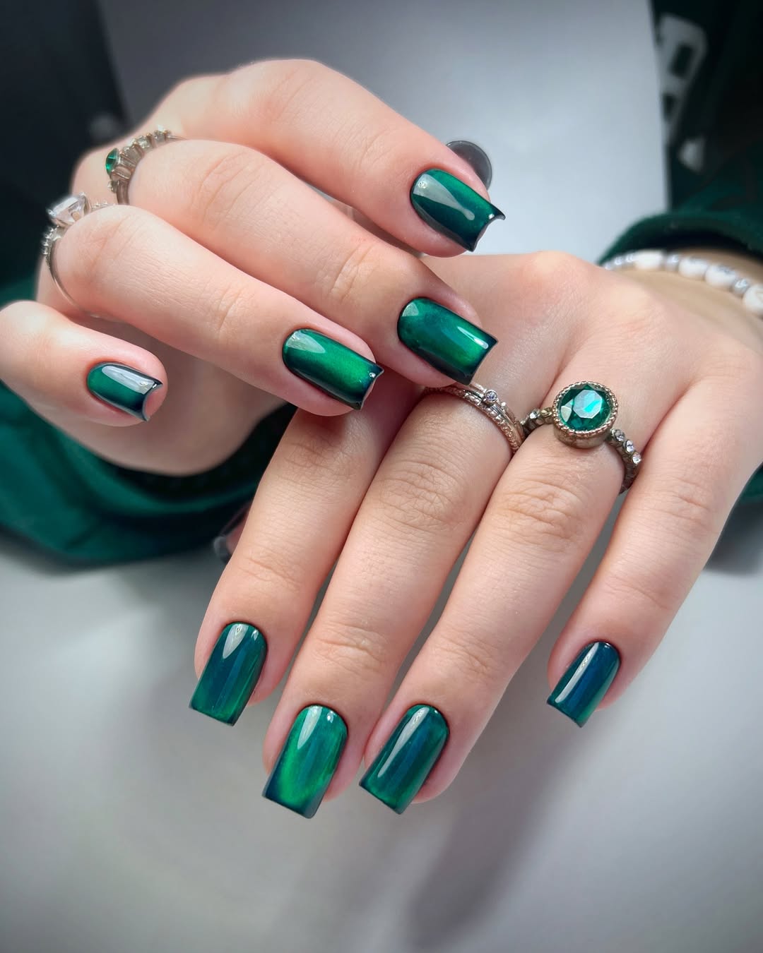 Emerald Green Cat Eye Glossy Square Nails