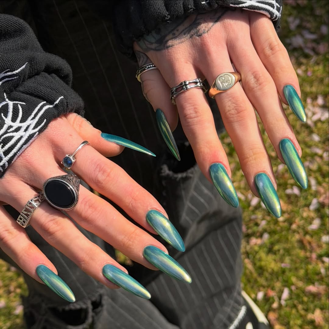 Emerald Teal Metallic Chrome Extra Long Stiletto Nails