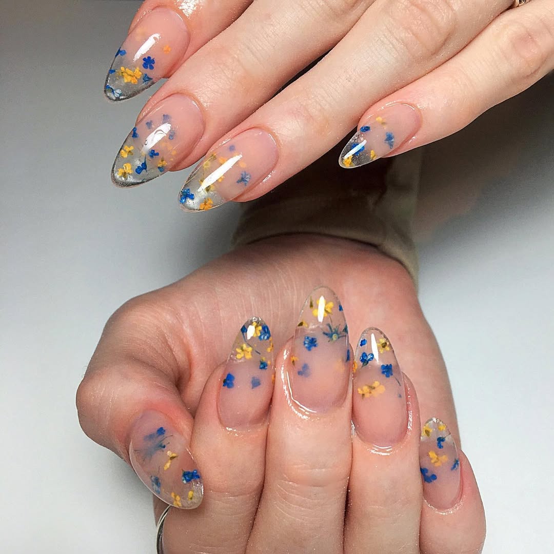 Encapsulated Blue and Yellow Floral Pointed Almond Nails