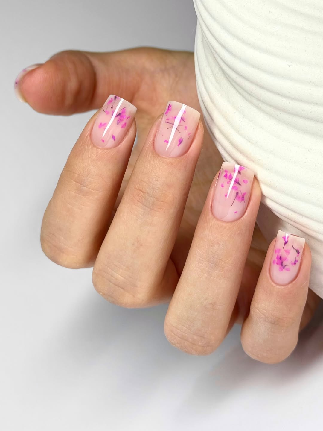 Encapsulated Pink Petals Short Squoval Gel Nails