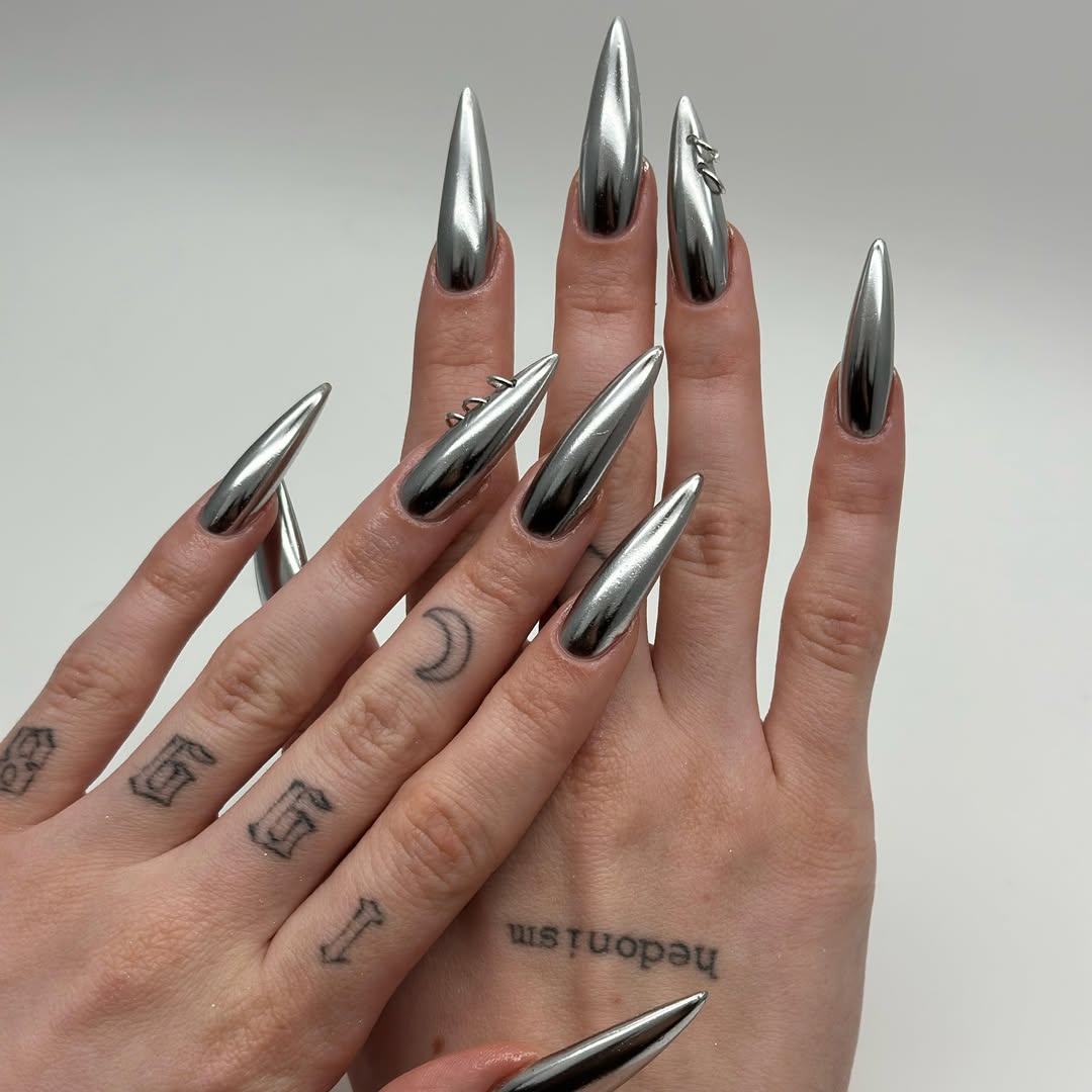 Extra-Long Silver Metallic Stiletto Pierced Nails