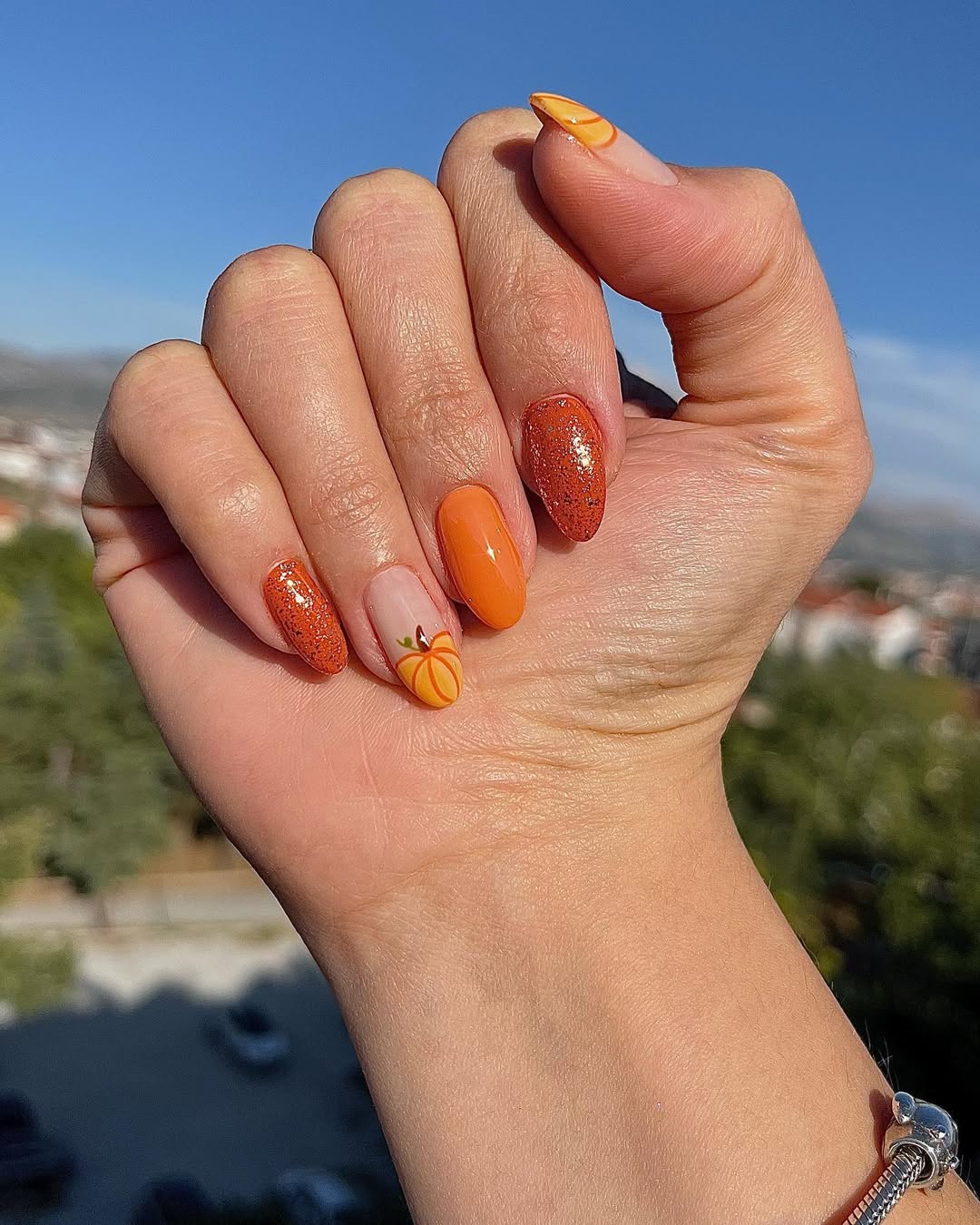Fall Orange Shimmer Glitter Pumpkin Nails