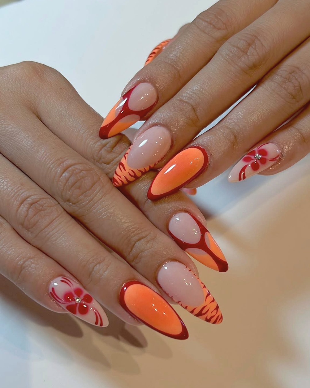 Fiery Orange Abstract Swirls with Cherry Blossom Art