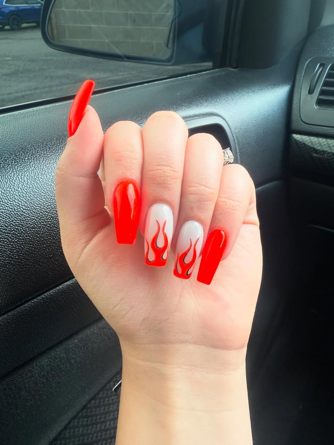 Fiery Red and White Flame Coffin Nails