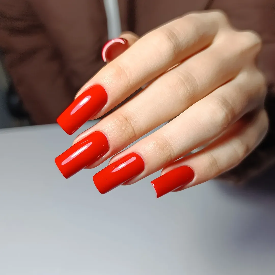 Fiery Red Glossy Long Square Nails