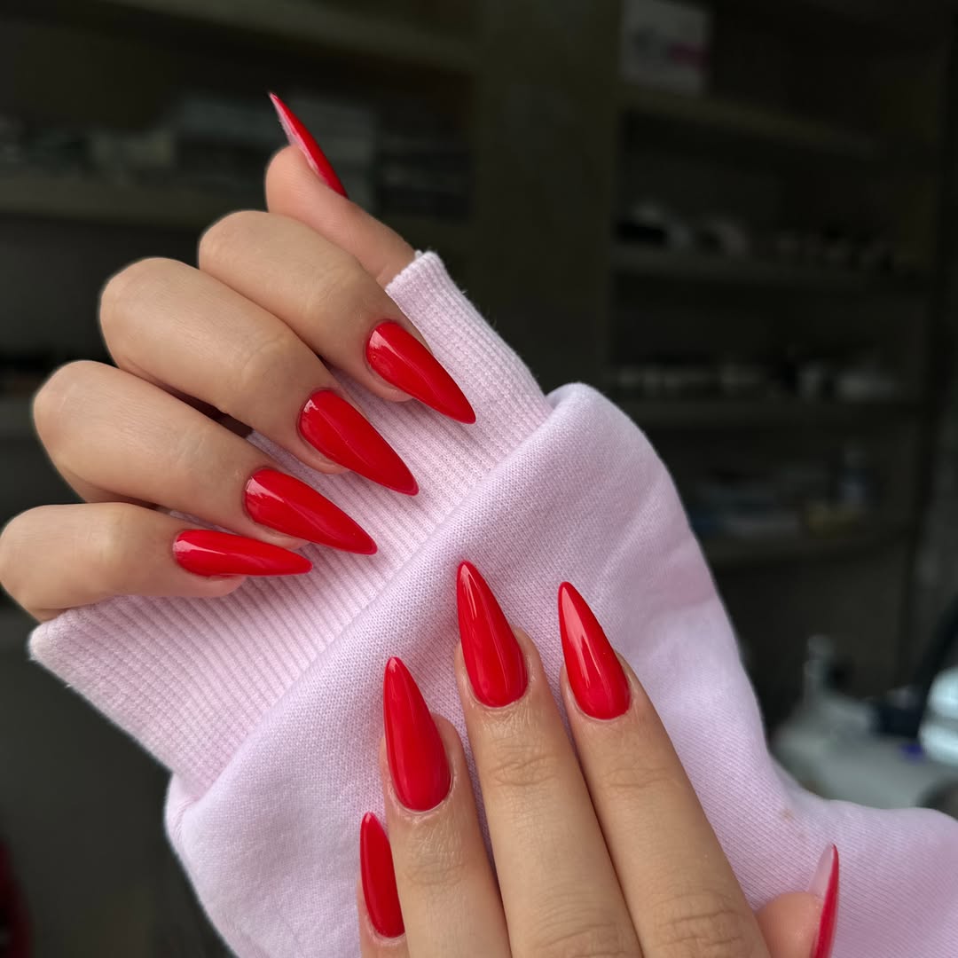 Fiery Red Glossy Stiletto Long Nails