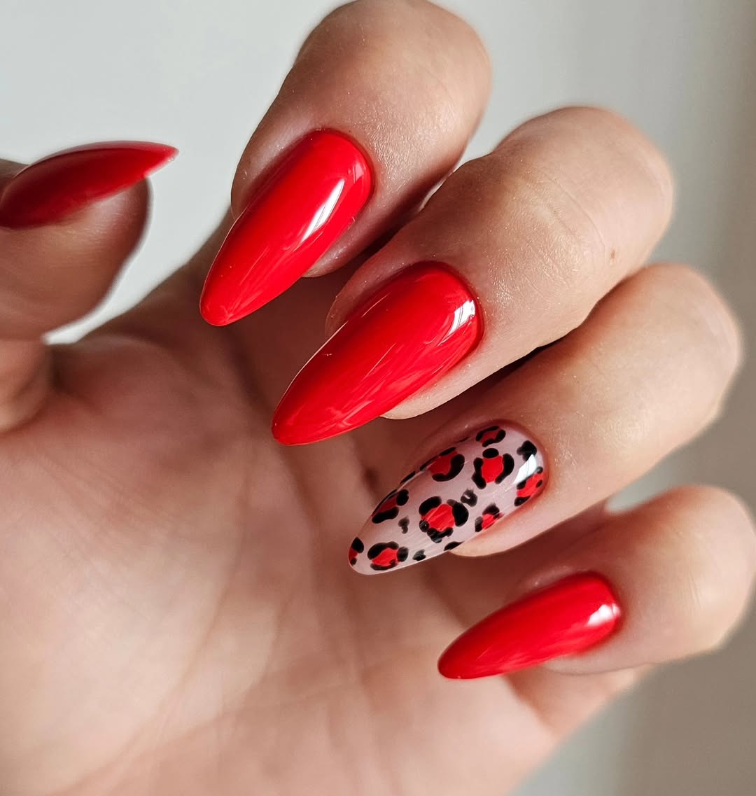 Fiery Red Leopard Print Stiletto Acrylic Nails